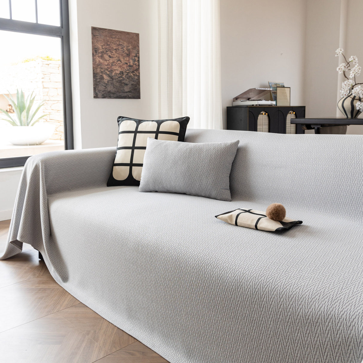 Herringbone Textured Sofa Throw Blanket, Durable Pet Friendly Modern Couch Slipcover