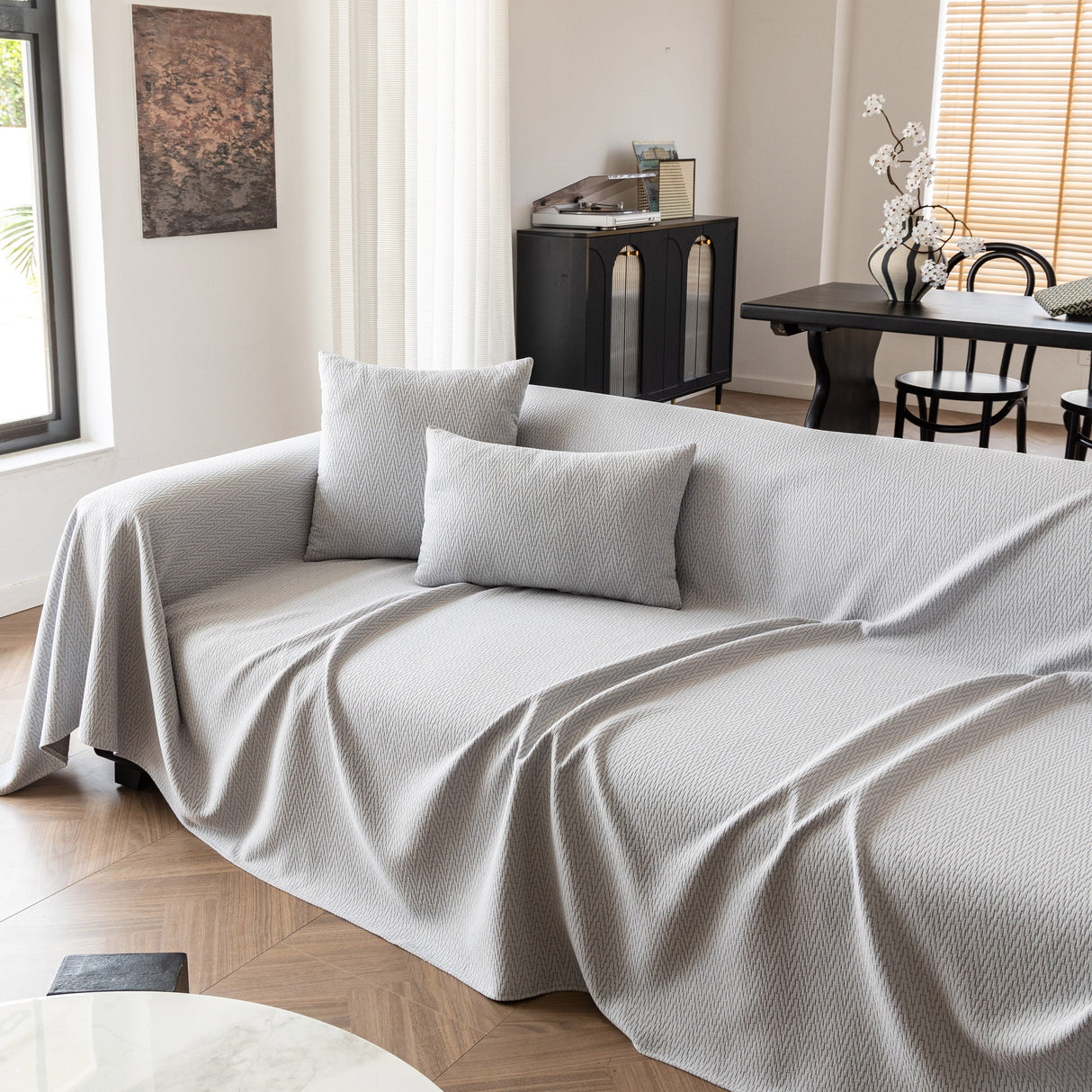 Herringbone Textured Sofa Throw Blanket, Durable Pet Friendly Modern Couch Slipcover