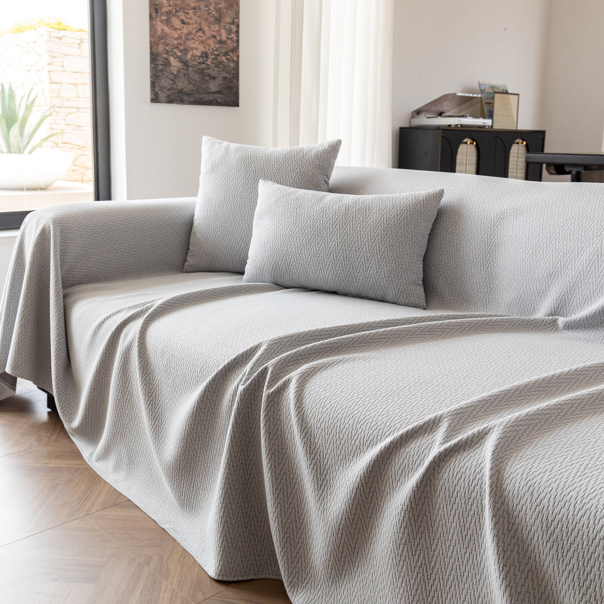 Herringbone Textured Sofa Throw Blanket, Durable Pet Friendly Modern Couch Slipcover