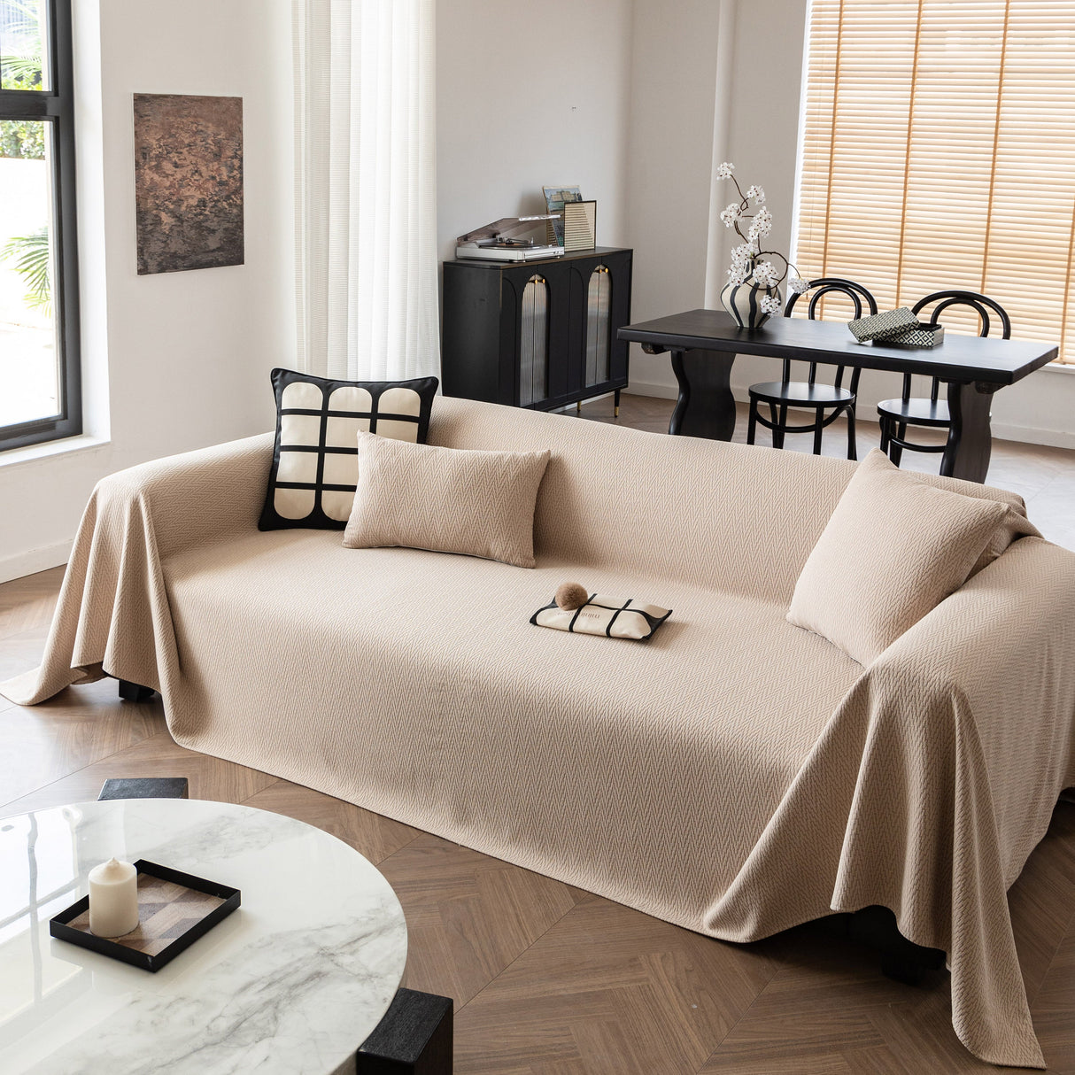 Herringbone Textured Sofa Throw Blanket, Durable Pet Friendly Modern Couch Slipcover