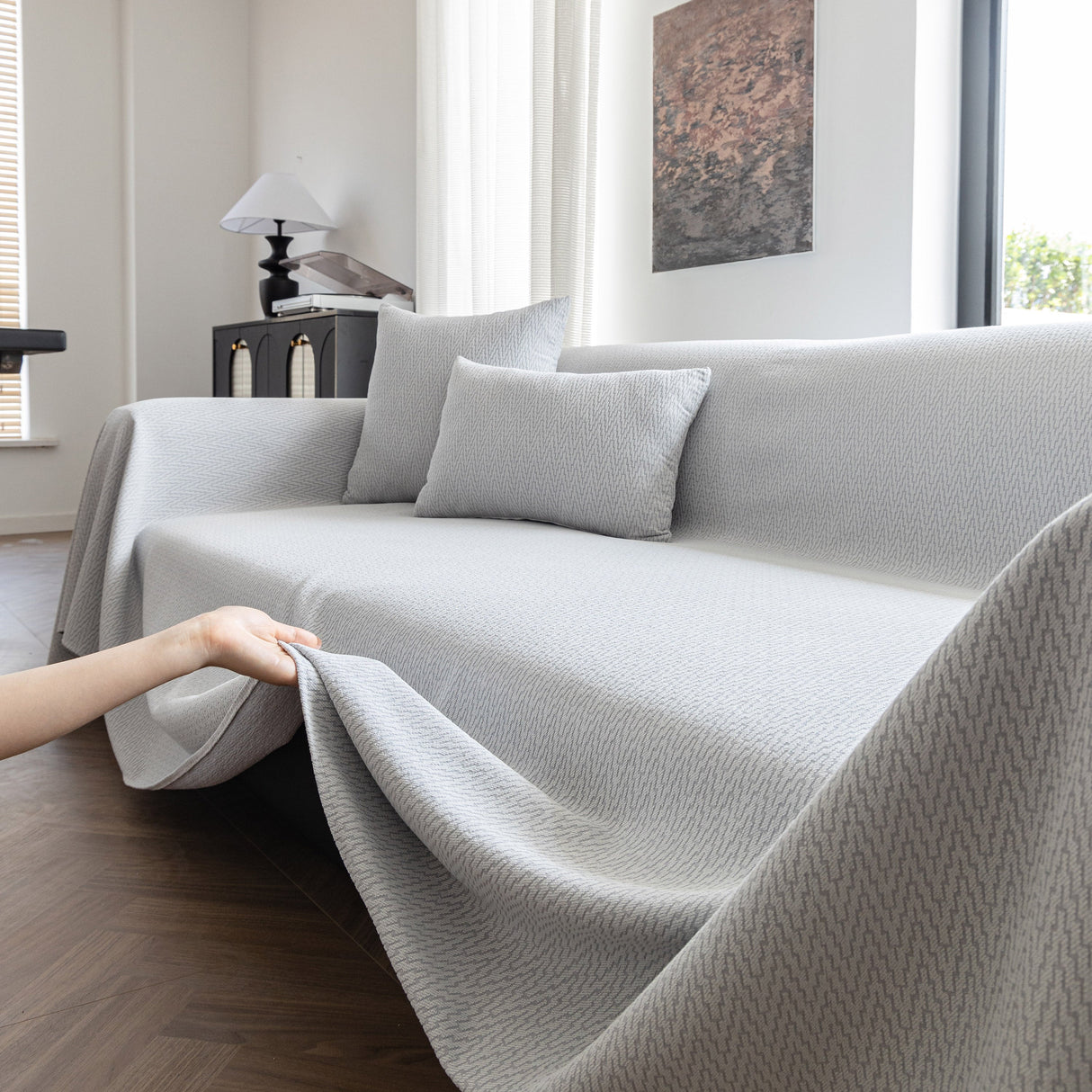 Herringbone Textured Sofa Throw Blanket, Durable Pet Friendly Modern Couch Slipcover