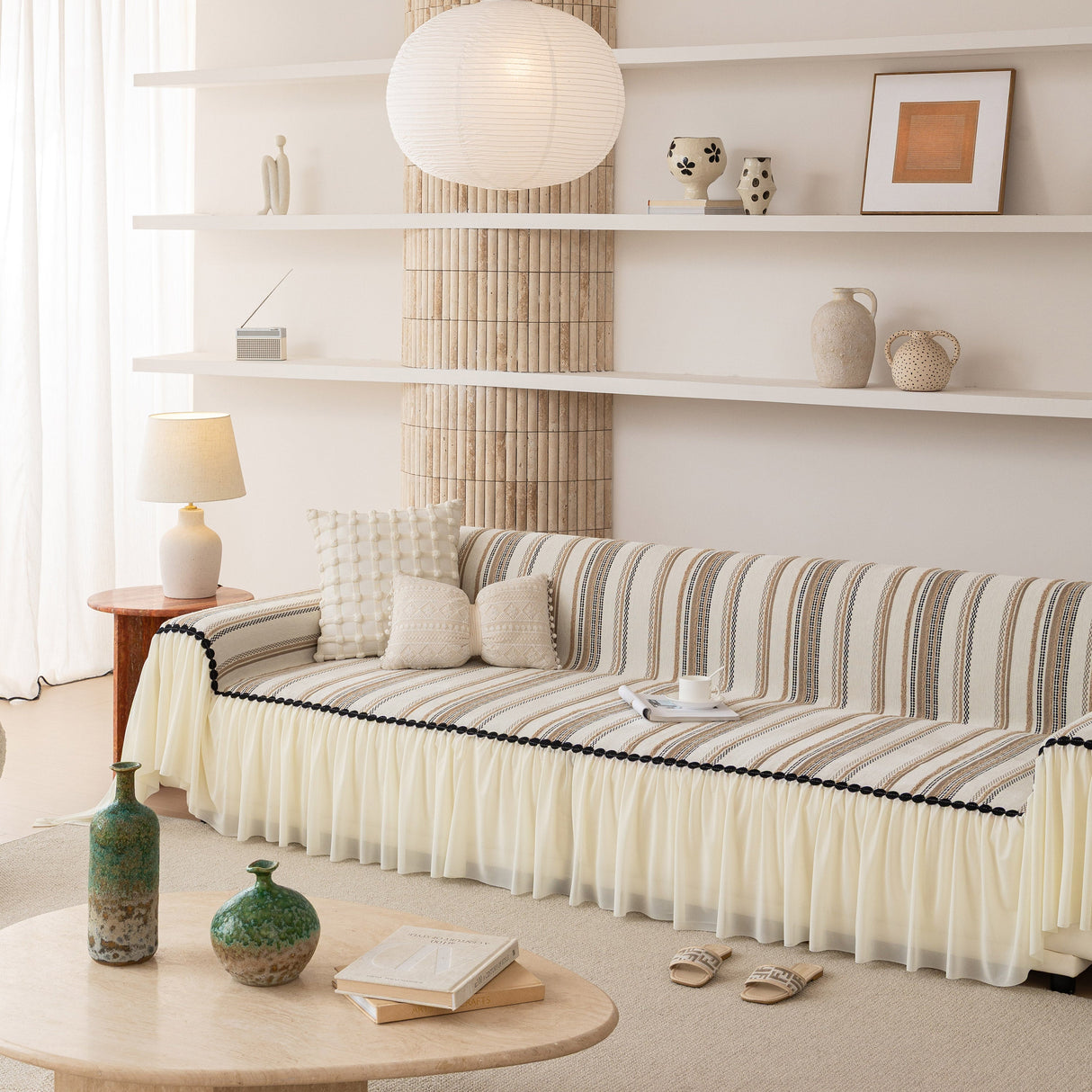 Boho Striped Couch Cover with Sheer Ruffle Skirt, Decorative Couch Throw Blanket
