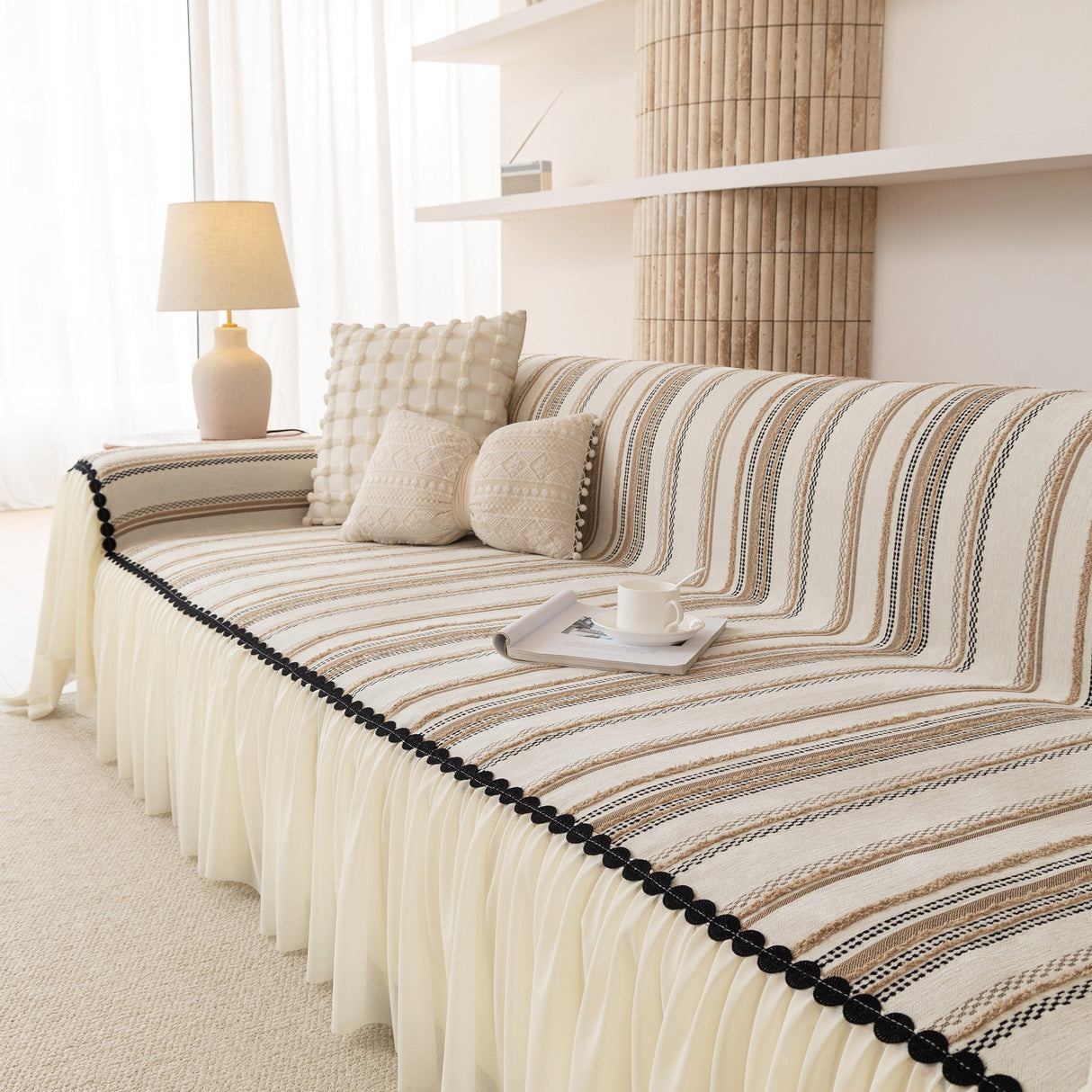 Boho Striped Couch Cover with Sheer Ruffle Skirt, Decorative Couch Throw Blanket