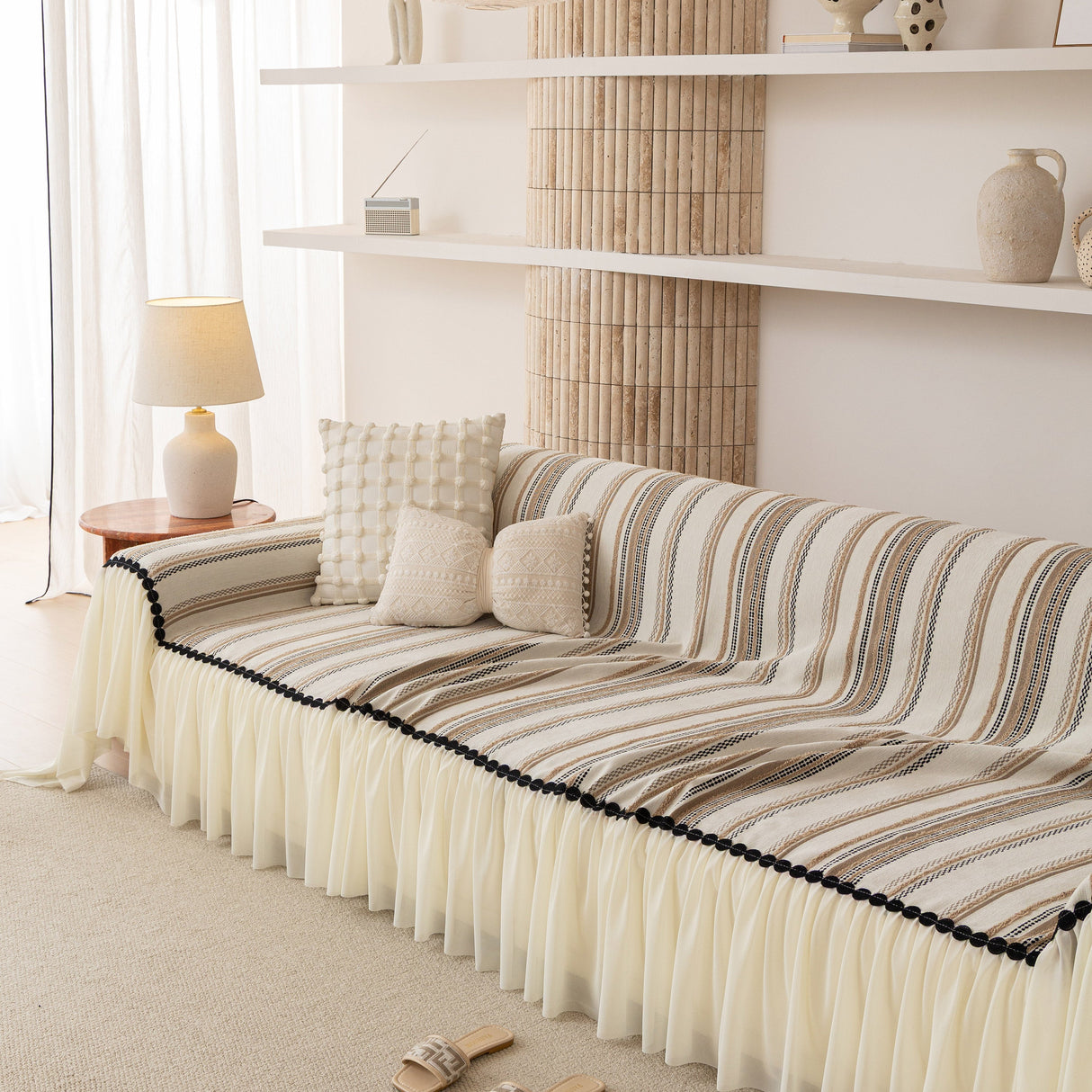 Boho Striped Couch Cover with Sheer Ruffle Skirt, Decorative Couch Throw Blanket