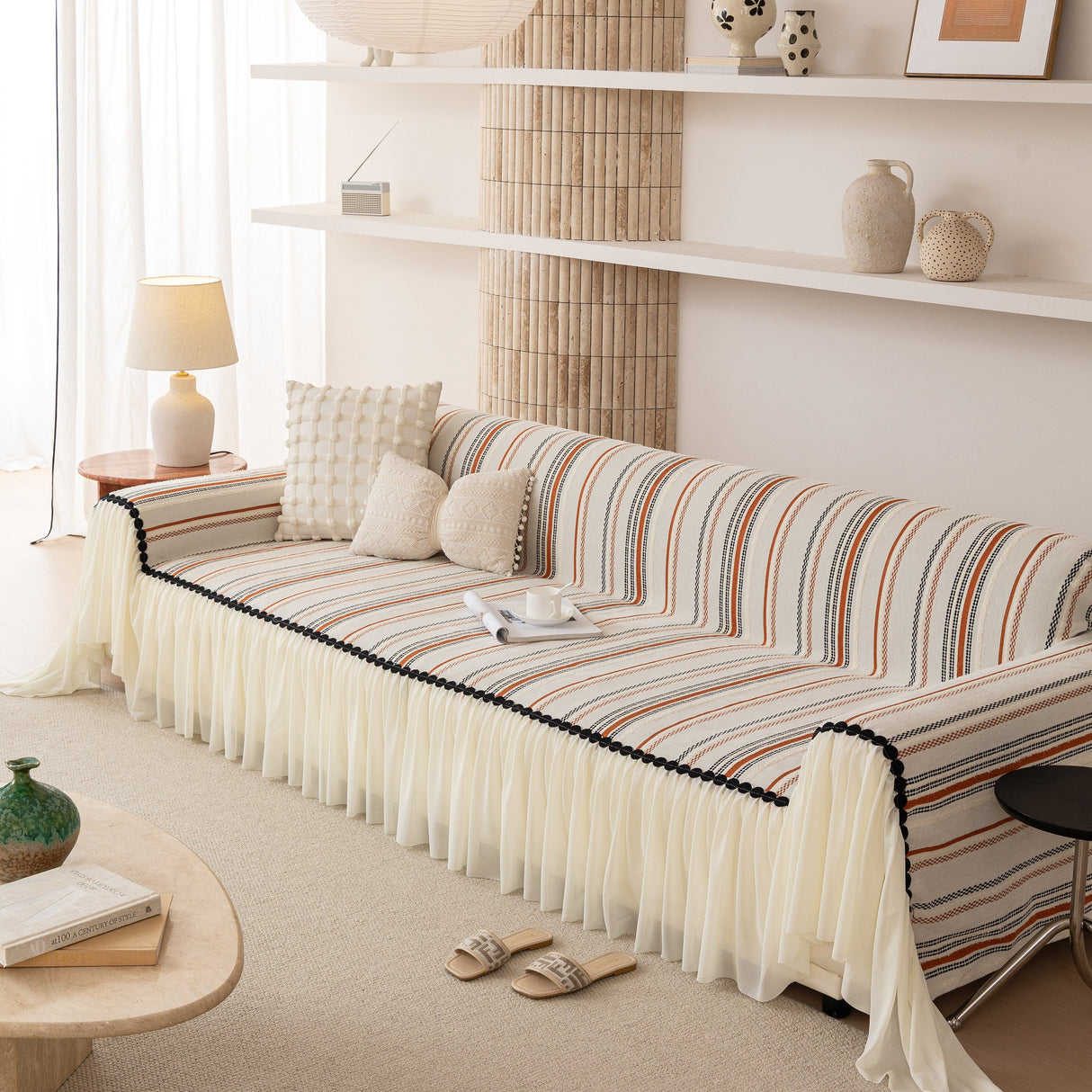 Boho Striped Couch Cover with Sheer Ruffle Skirt, Decorative Couch Throw Blanket