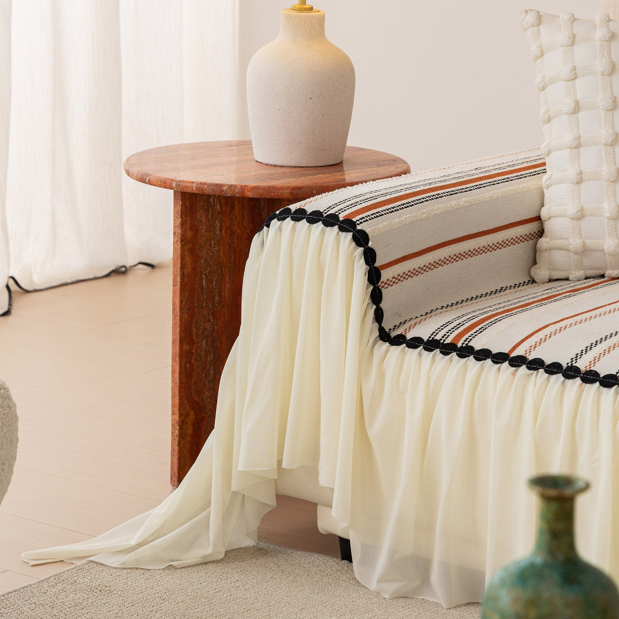 Boho Striped Couch Cover with Sheer Ruffle Skirt, Decorative Couch Throw Blanket