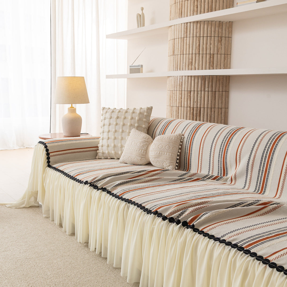 Boho Striped Couch Cover with Sheer Ruffle Skirt, Decorative Couch Throw Blanket