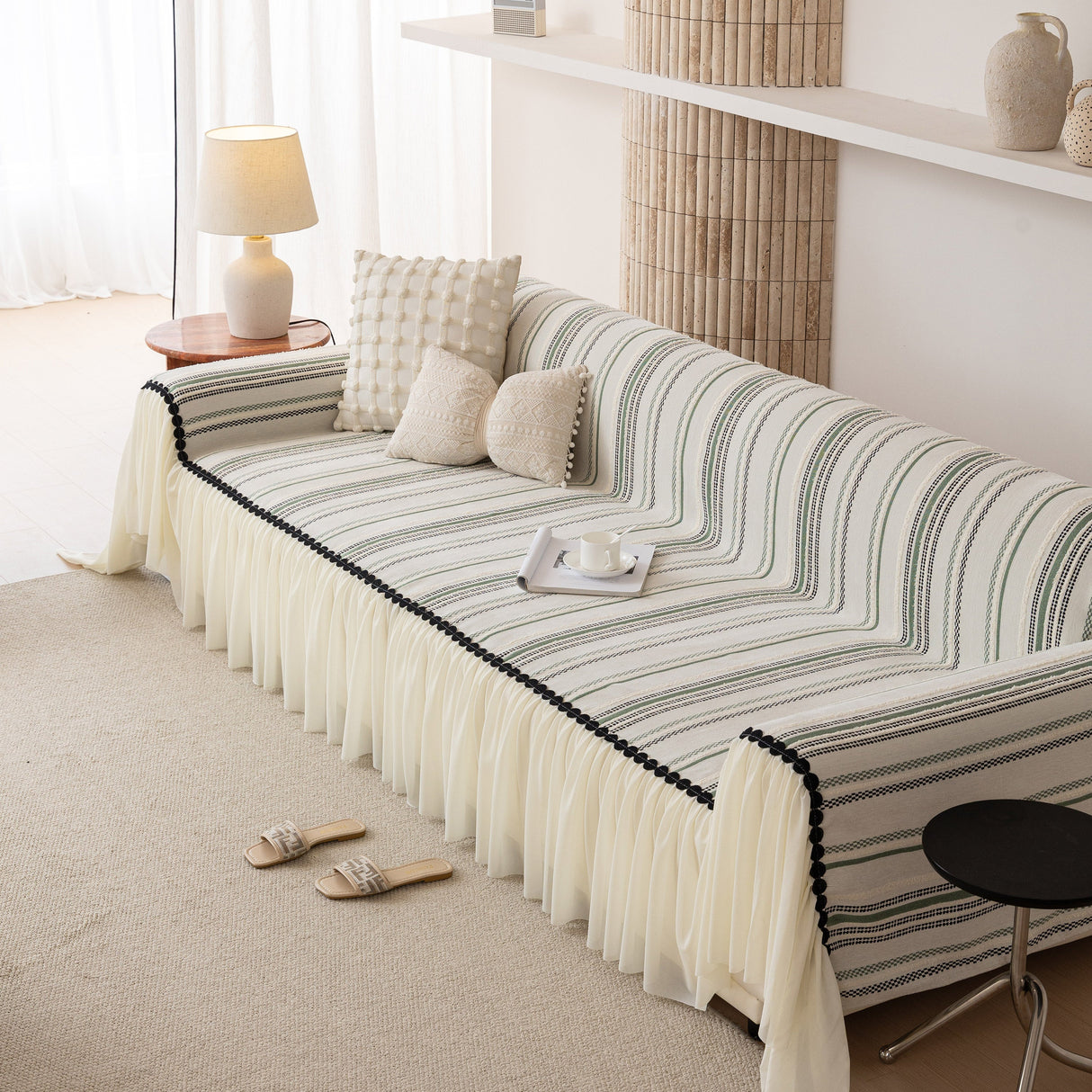 Boho Striped Couch Cover with Sheer Ruffle Skirt, Decorative Couch Throw Blanket