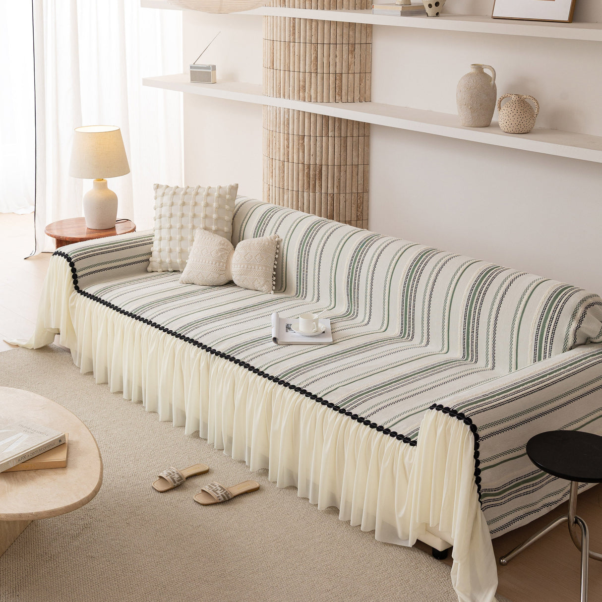 Boho Striped Couch Cover with Sheer Ruffle Skirt, Decorative Couch Throw Blanket