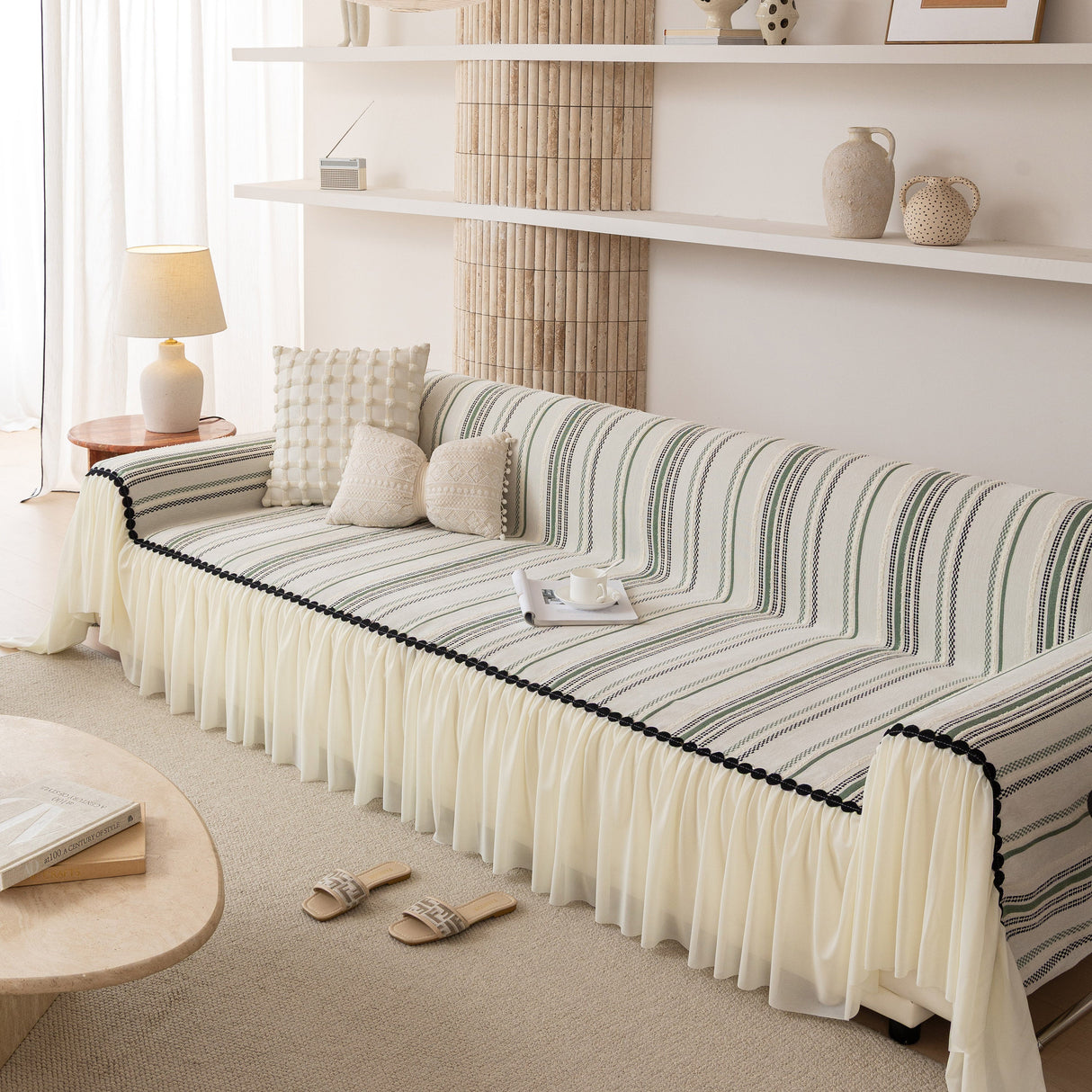 Boho Striped Couch Cover with Sheer Ruffle Skirt, Decorative Couch Throw Blanket