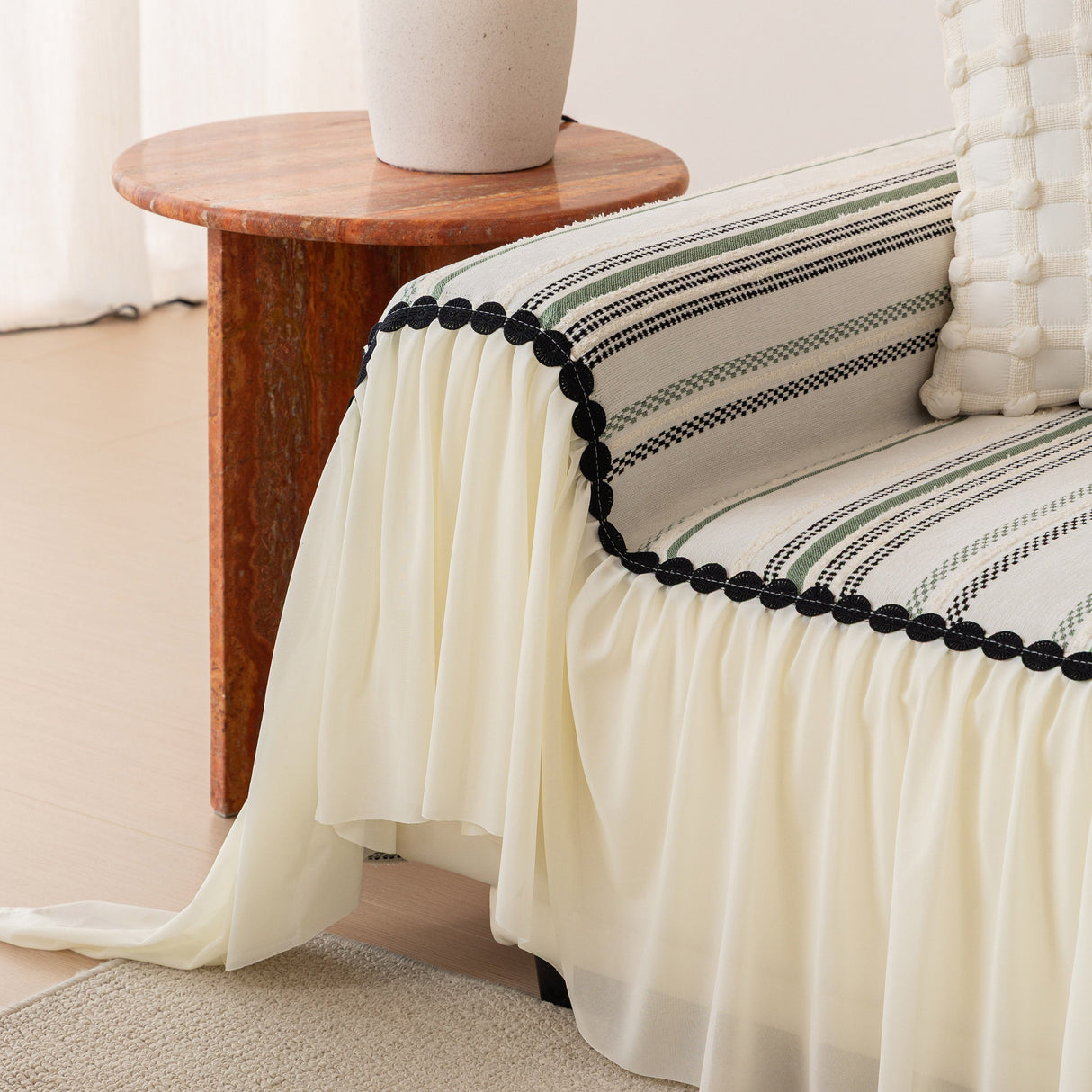 Boho Striped Couch Cover with Sheer Ruffle Skirt, Decorative Couch Throw Blanket