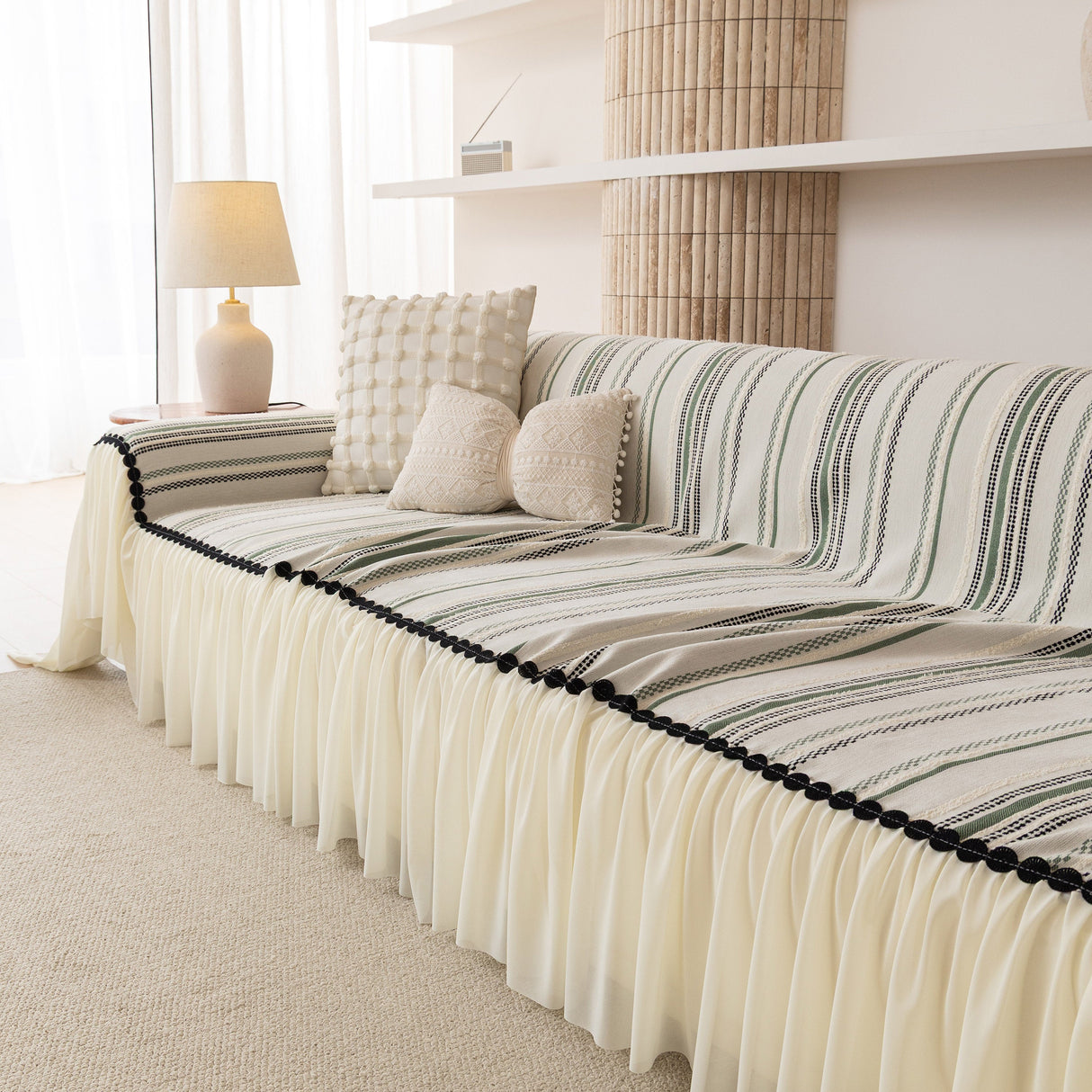 Boho Striped Couch Cover with Sheer Ruffle Skirt, Decorative Couch Throw Blanket