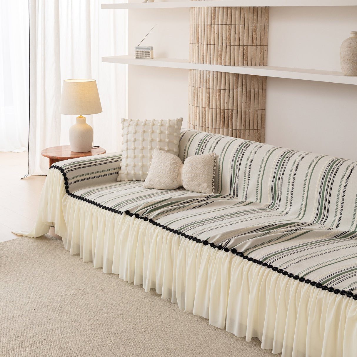 Boho Striped Couch Cover with Sheer Ruffle Skirt, Decorative Couch Throw Blanket
