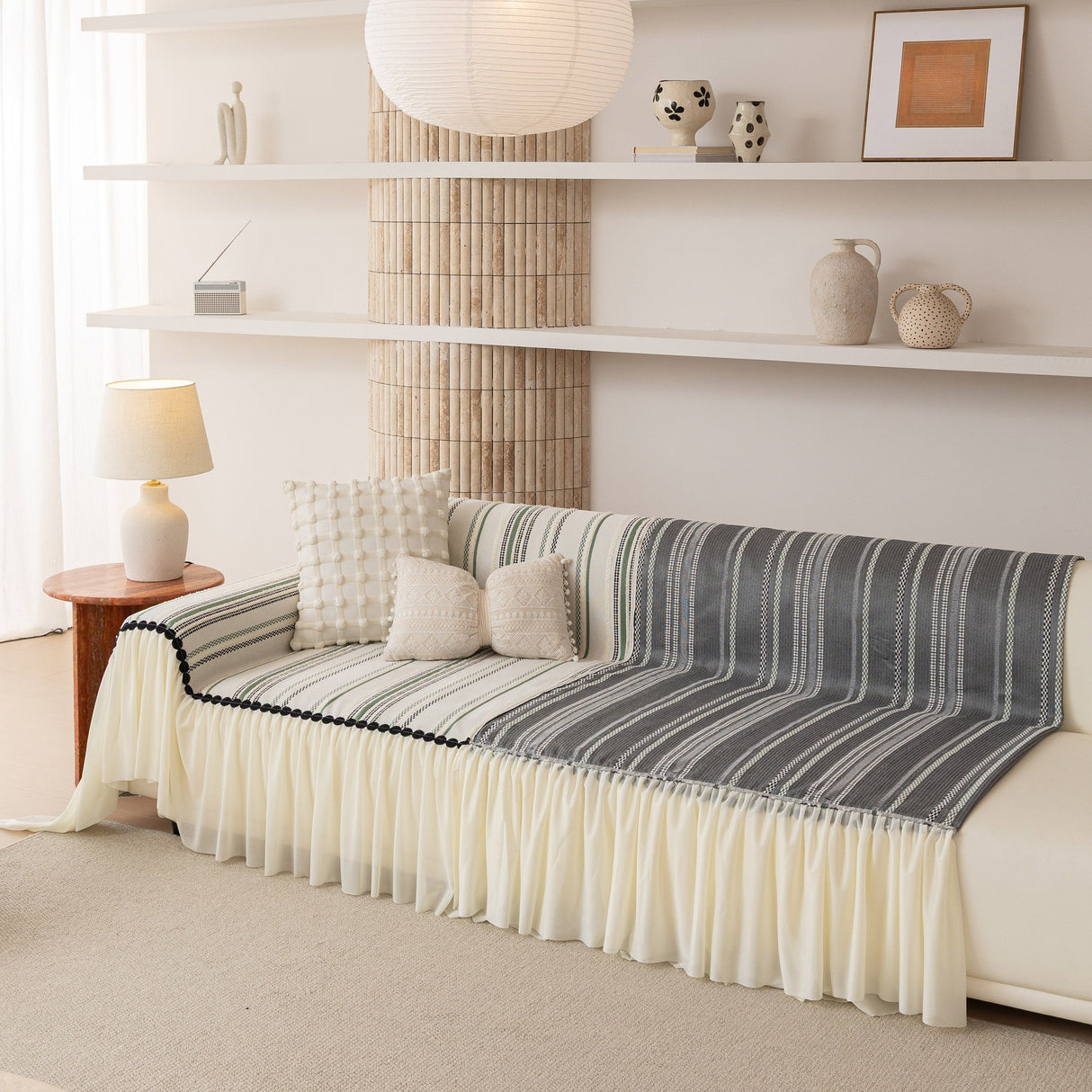 Boho Striped Couch Cover with Sheer Ruffle Skirt, Decorative Couch Throw Blanket