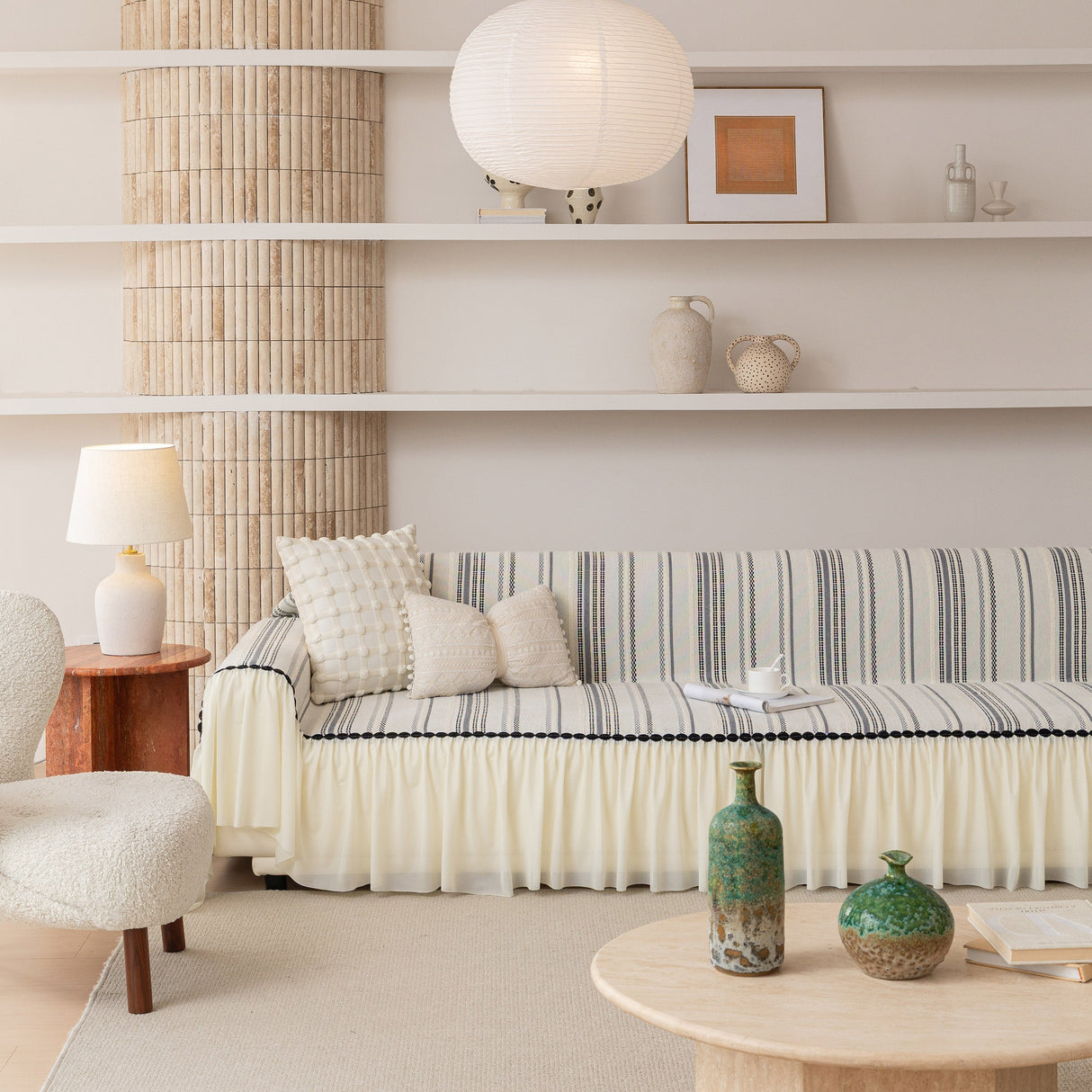 Boho Striped Couch Cover with Sheer Ruffle Skirt, Decorative Couch Throw Blanket