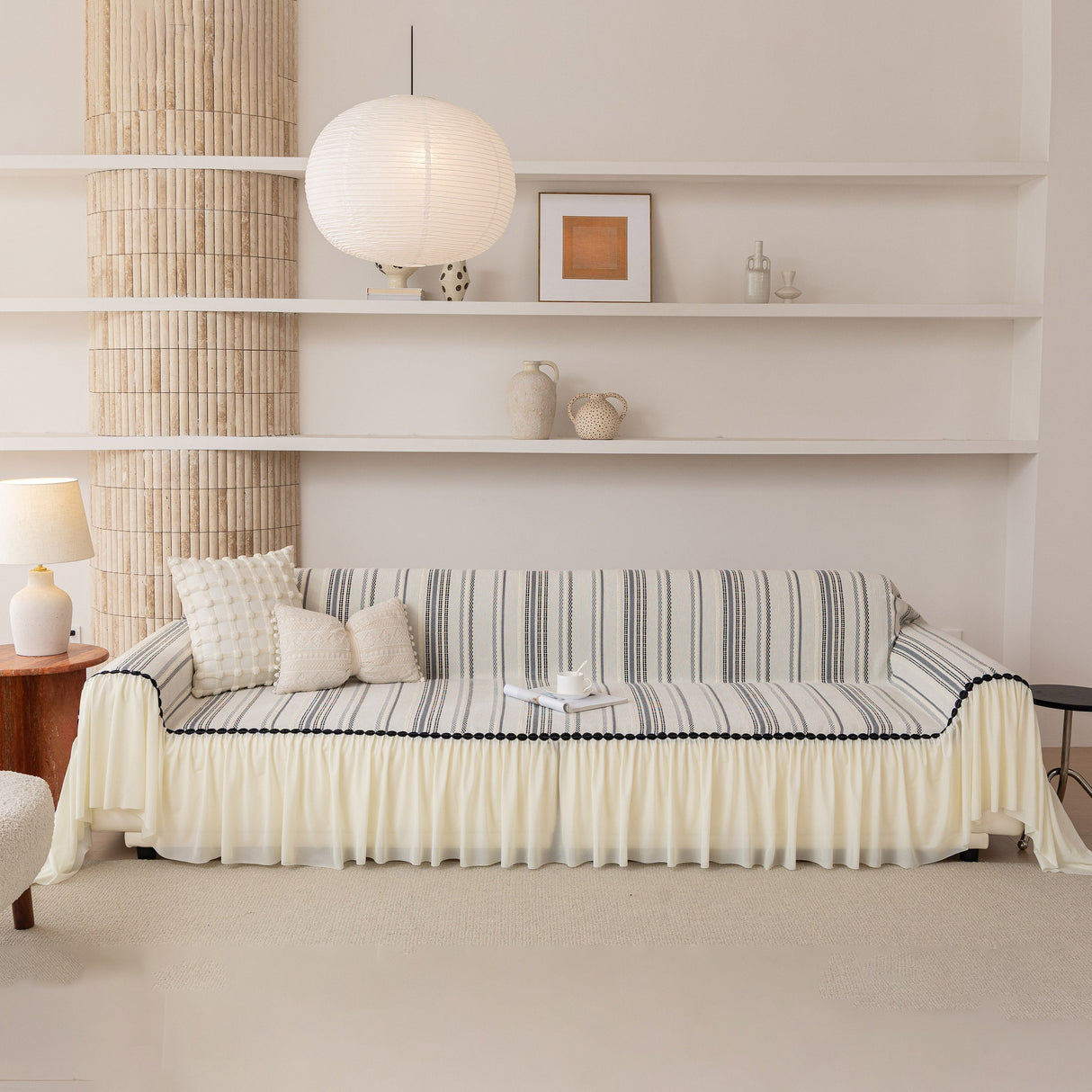 Boho Striped Couch Cover with Sheer Ruffle Skirt, Decorative Couch Throw Blanket