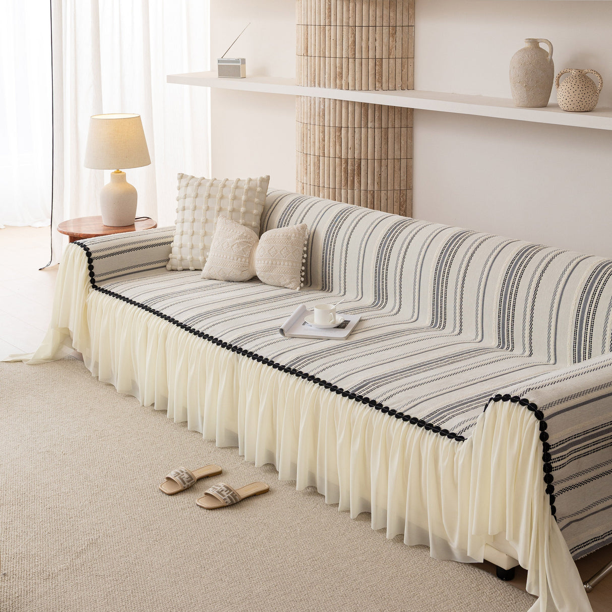 Boho Striped Couch Cover with Sheer Ruffle Skirt, Decorative Couch Throw Blanket