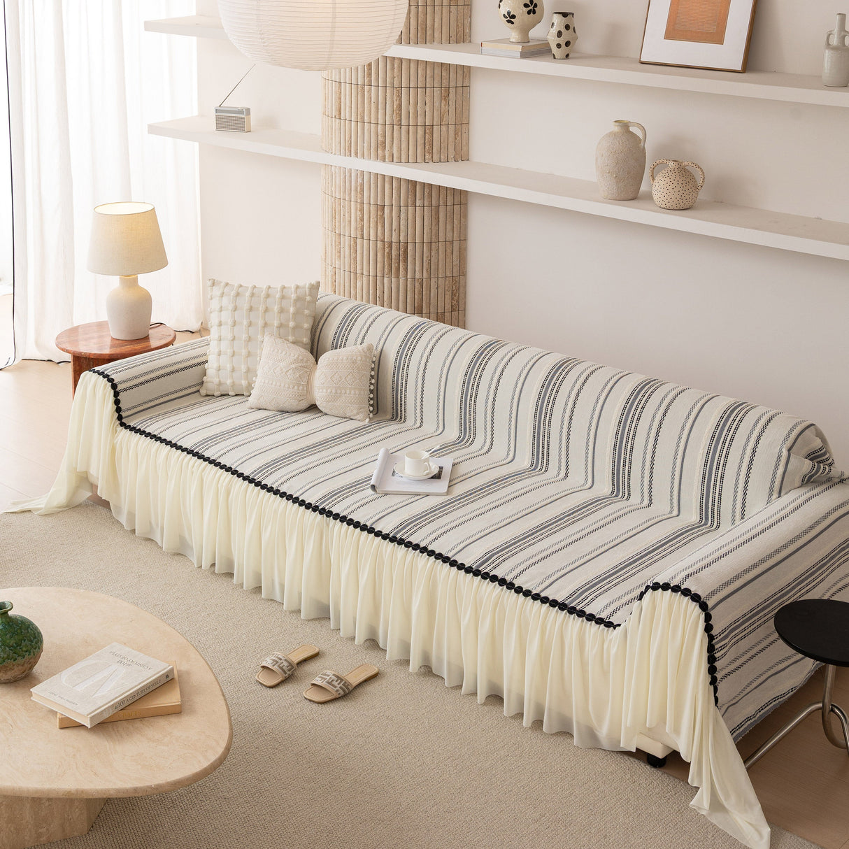 Boho Striped Couch Cover with Sheer Ruffle Skirt, Decorative Couch Throw Blanket