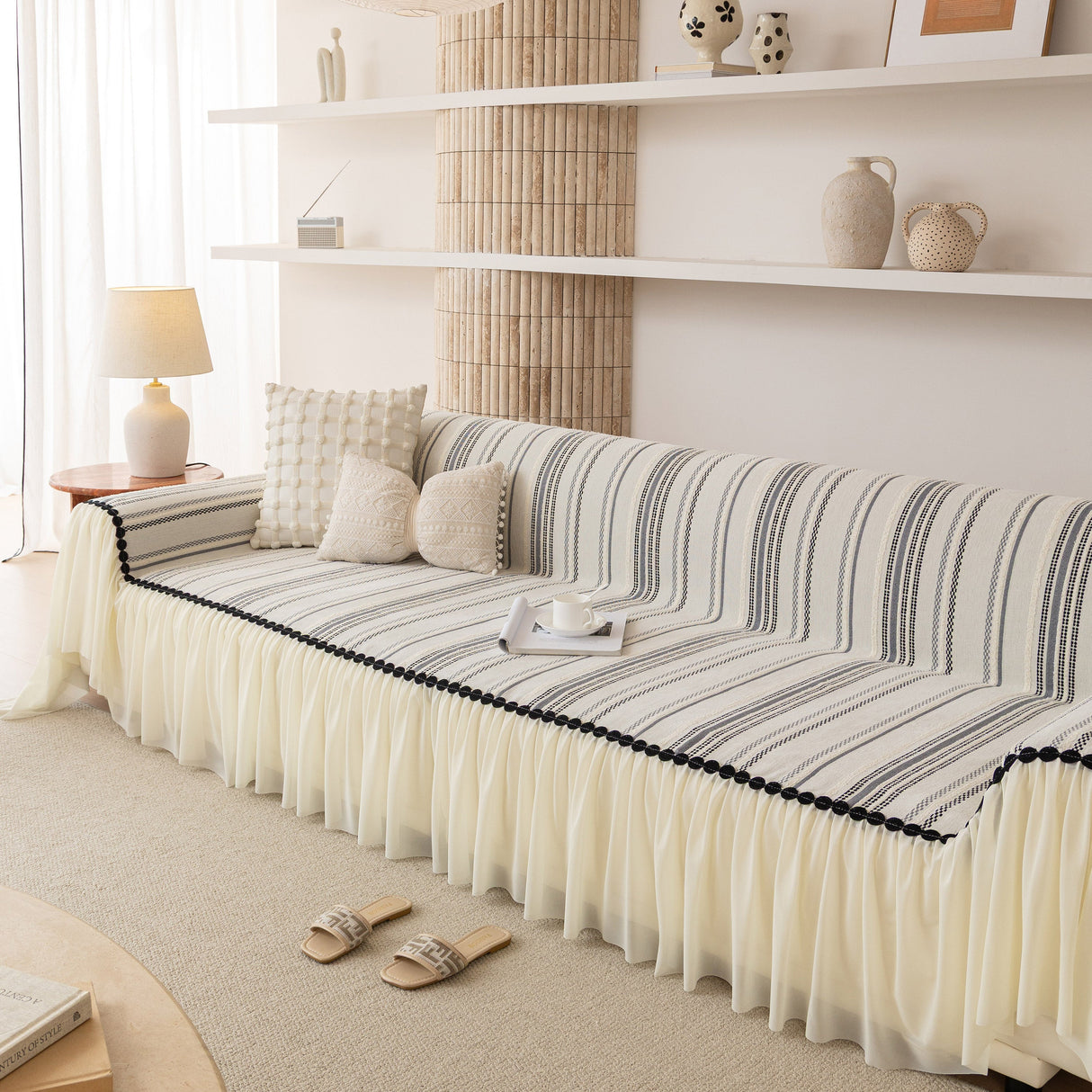 Boho Striped Couch Cover with Sheer Ruffle Skirt, Decorative Couch Throw Blanket