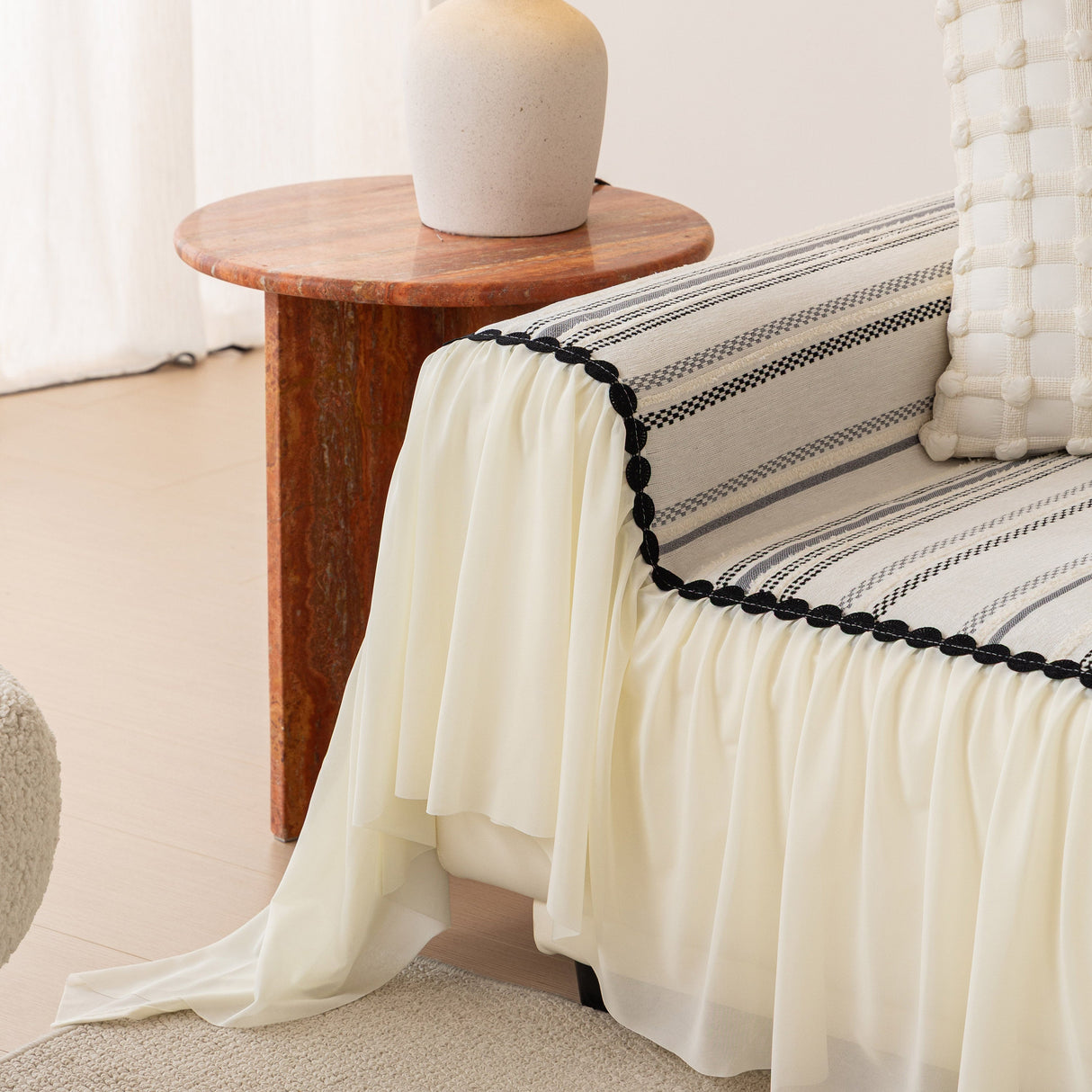 Boho Striped Couch Cover with Sheer Ruffle Skirt, Decorative Couch Throw Blanket