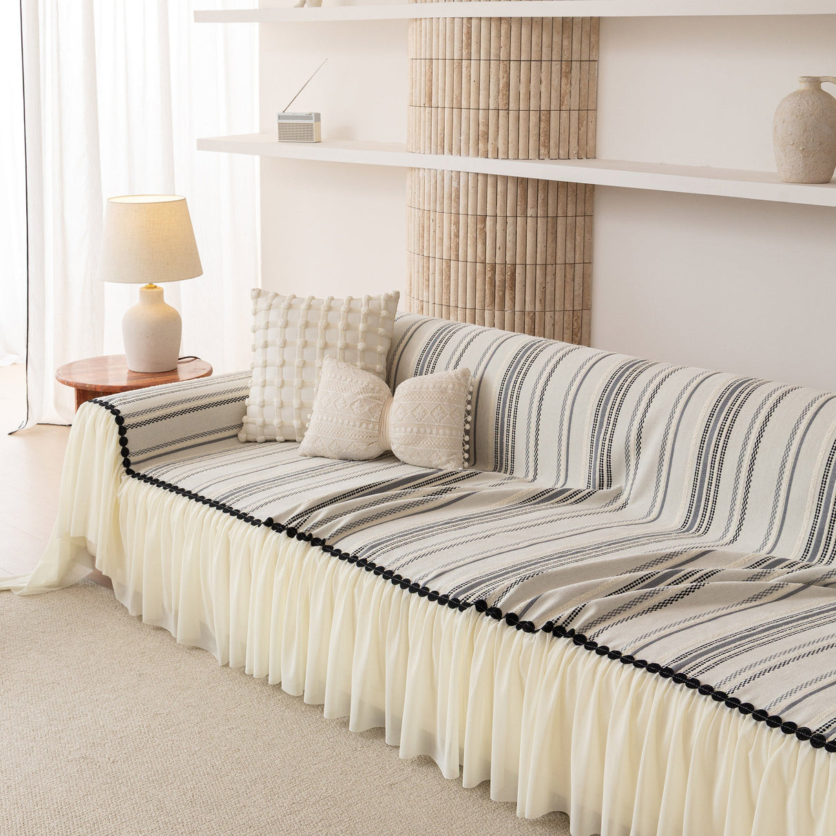 Boho Striped Couch Cover with Sheer Ruffle Skirt, Decorative Couch Throw Blanket