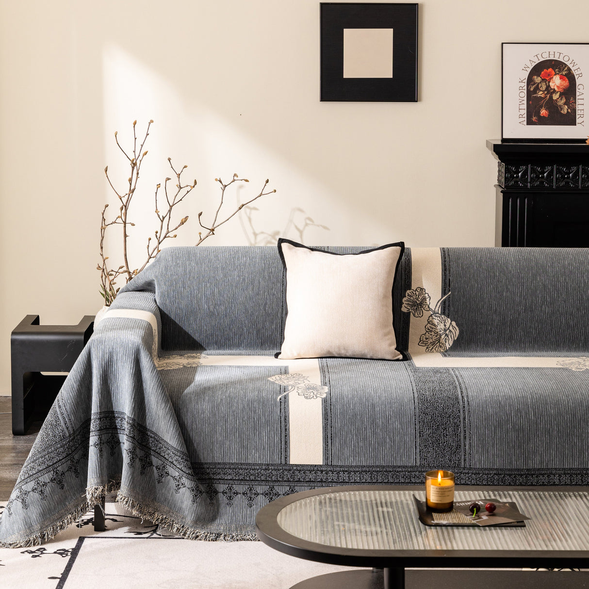 Jacquard Floral Band Sofa Cover with Tassels, Thick Textured Couch Throw Blanket