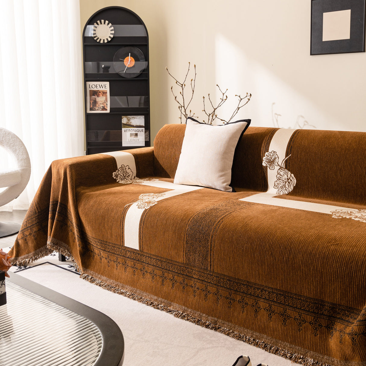 Jacquard Floral Band Sofa Cover with Tassels, Thick Textured Couch Throw Blanket