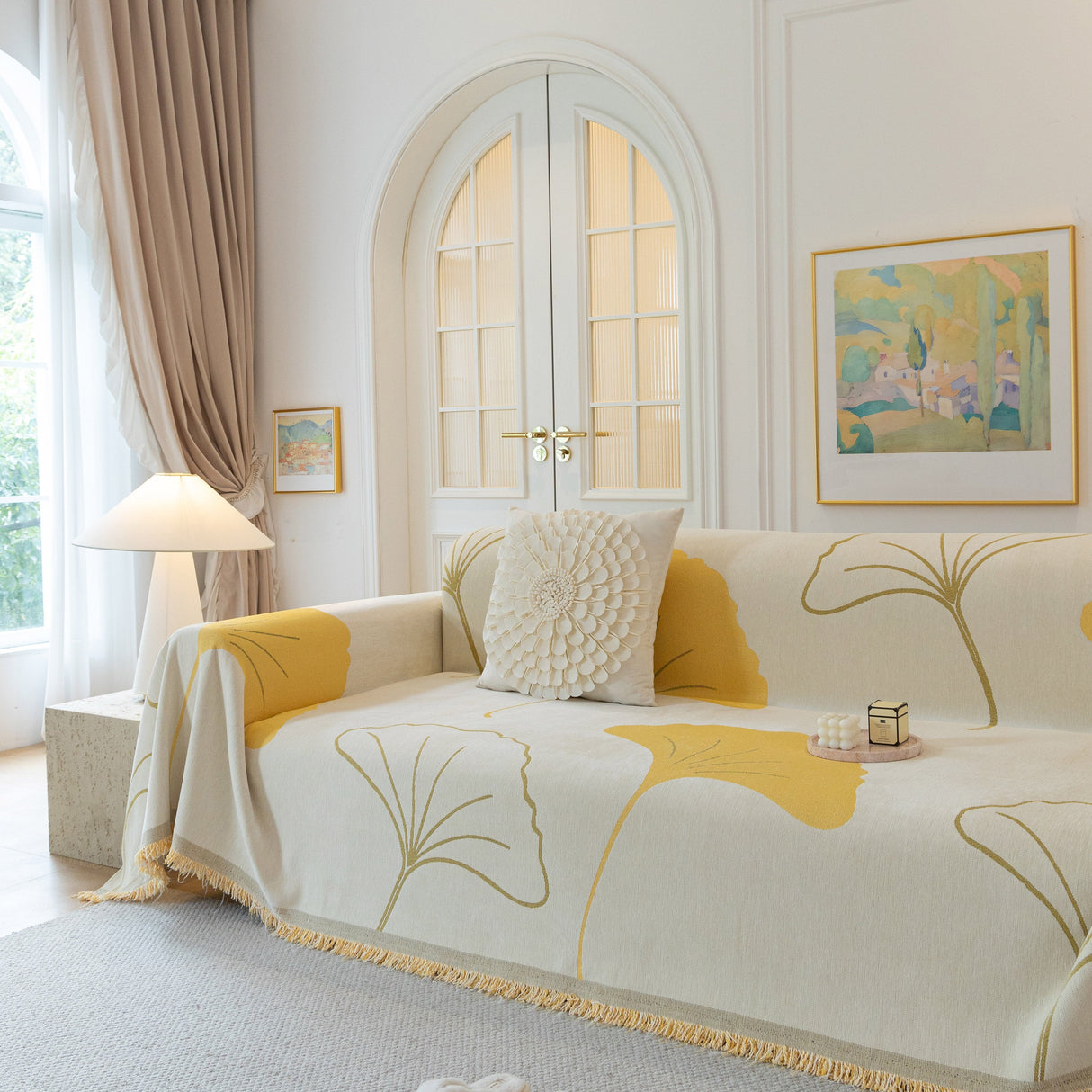 Cozy Couch Throw Blanket with Tassels, Jacquard Leaf Pattern Furniture Protector