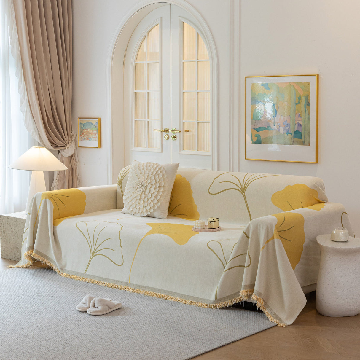 Cozy Couch Throw Blanket with Tassels, Jacquard Leaf Pattern Furniture Protector