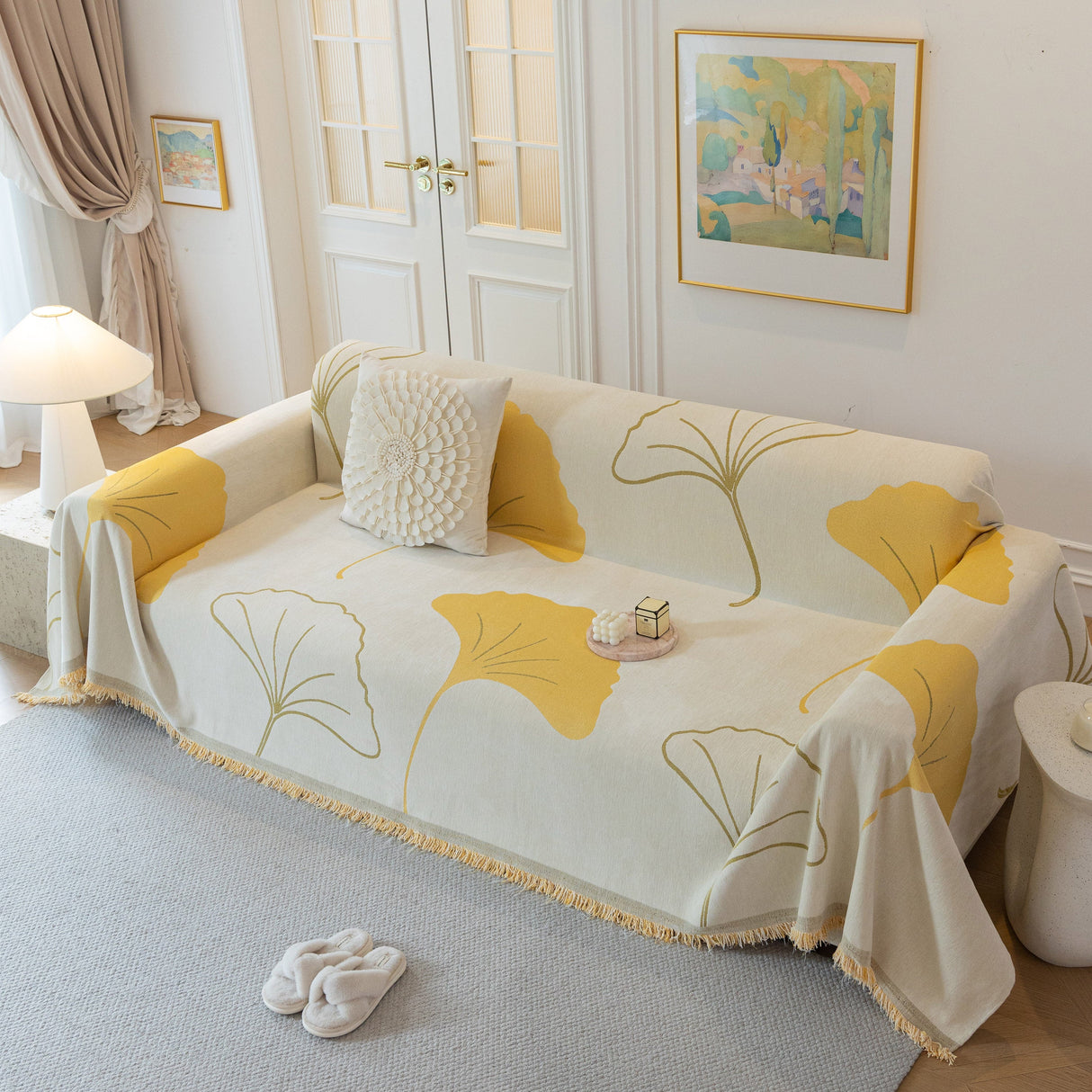 Cozy Couch Throw Blanket with Tassels, Jacquard Leaf Pattern Furniture Protector