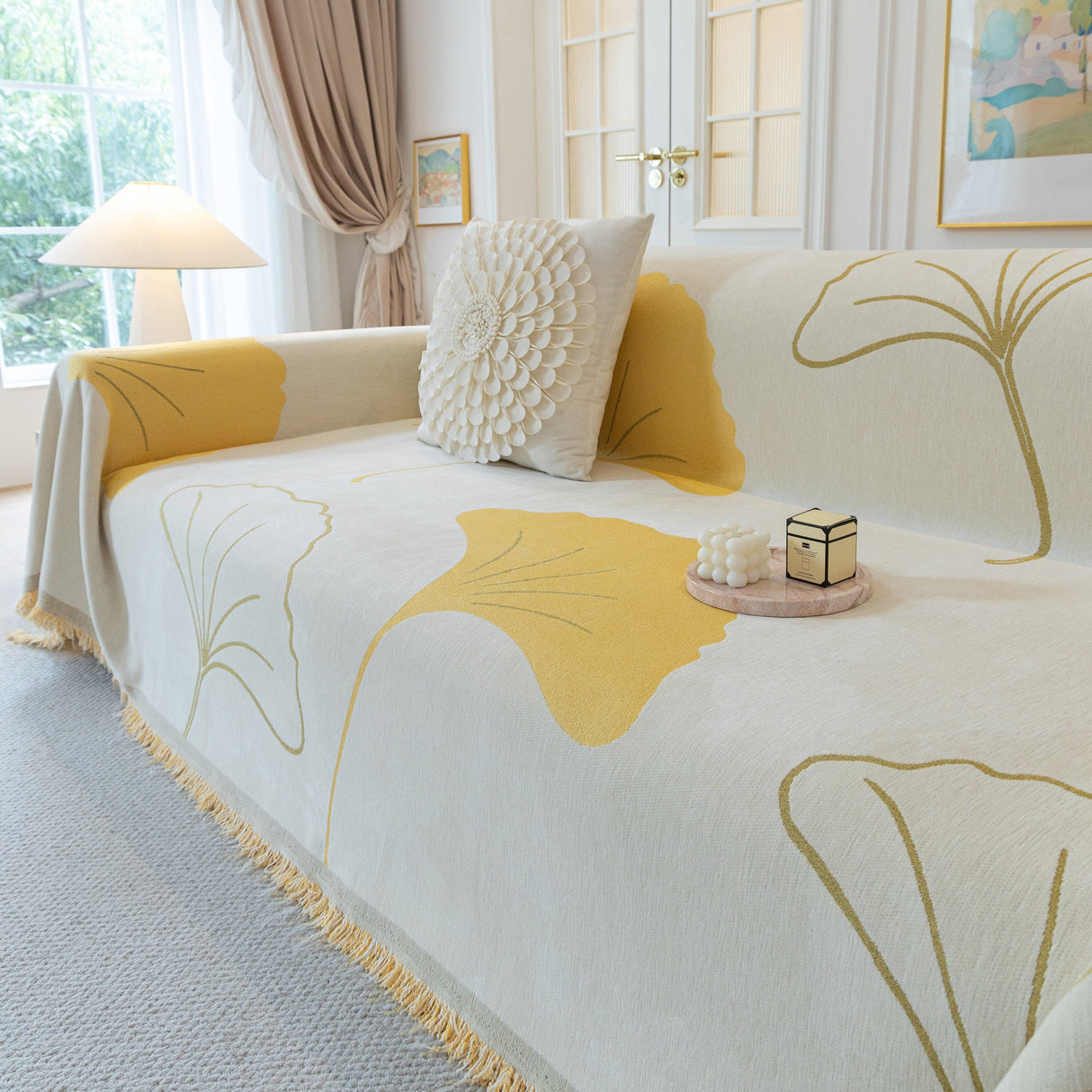 Cozy Couch Throw Blanket with Tassels, Jacquard Leaf Pattern Furniture Protector