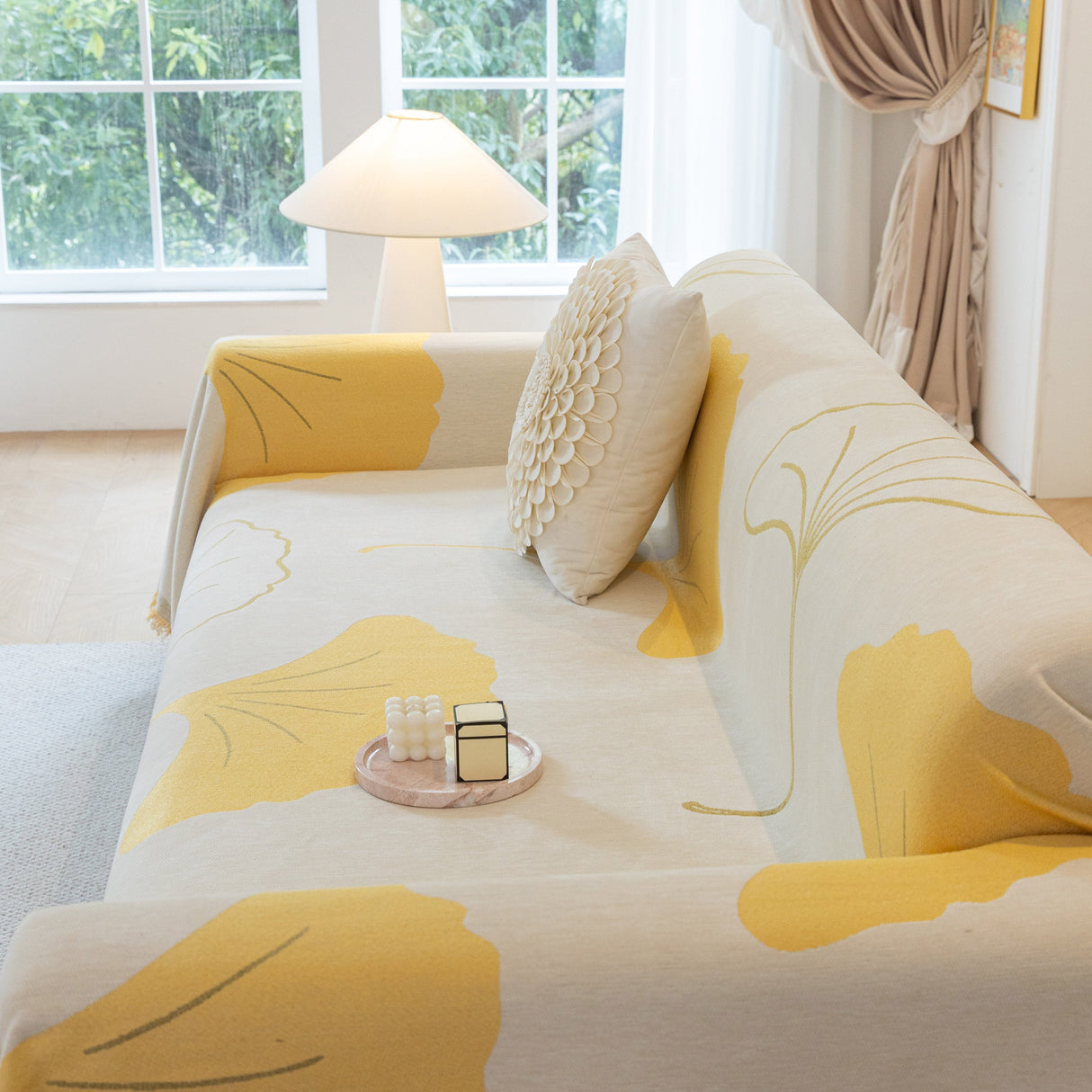 Cozy Couch Throw Blanket with Tassels, Jacquard Leaf Pattern Furniture Protector