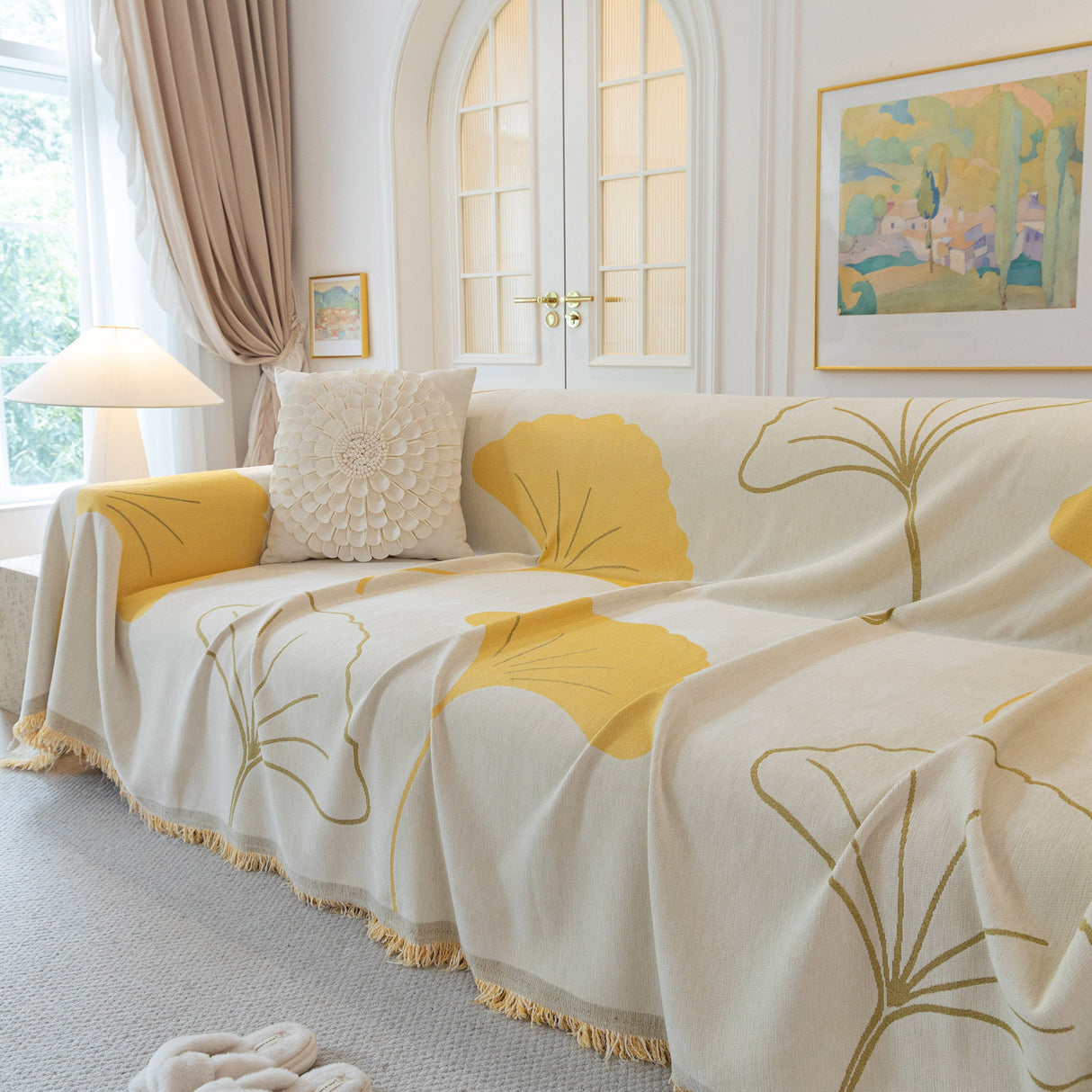 Cozy Couch Throw Blanket with Tassels, Jacquard Leaf Pattern Furniture Protector