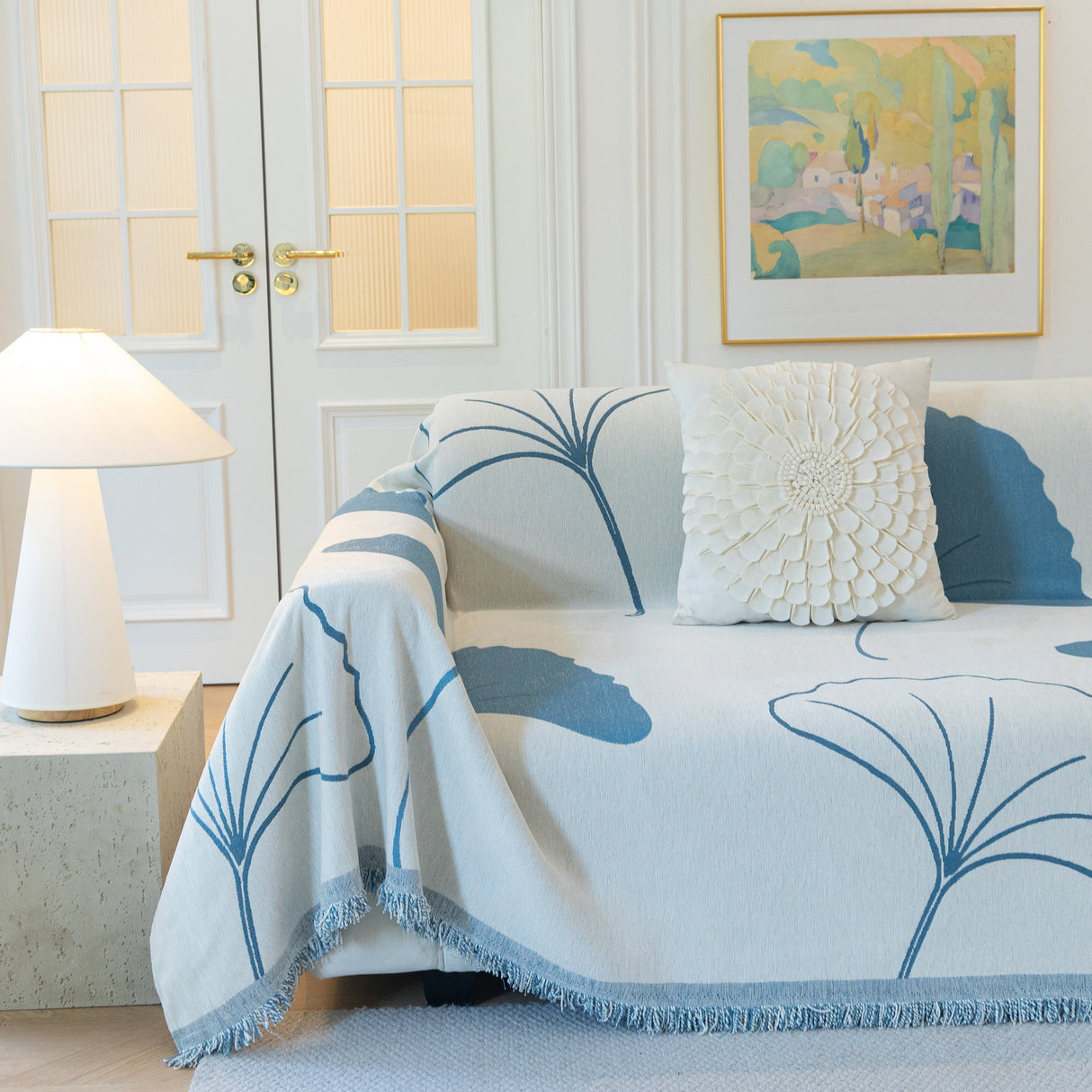 Cozy Couch Throw Blanket with Tassels, Jacquard Leaf Pattern Furniture Protector