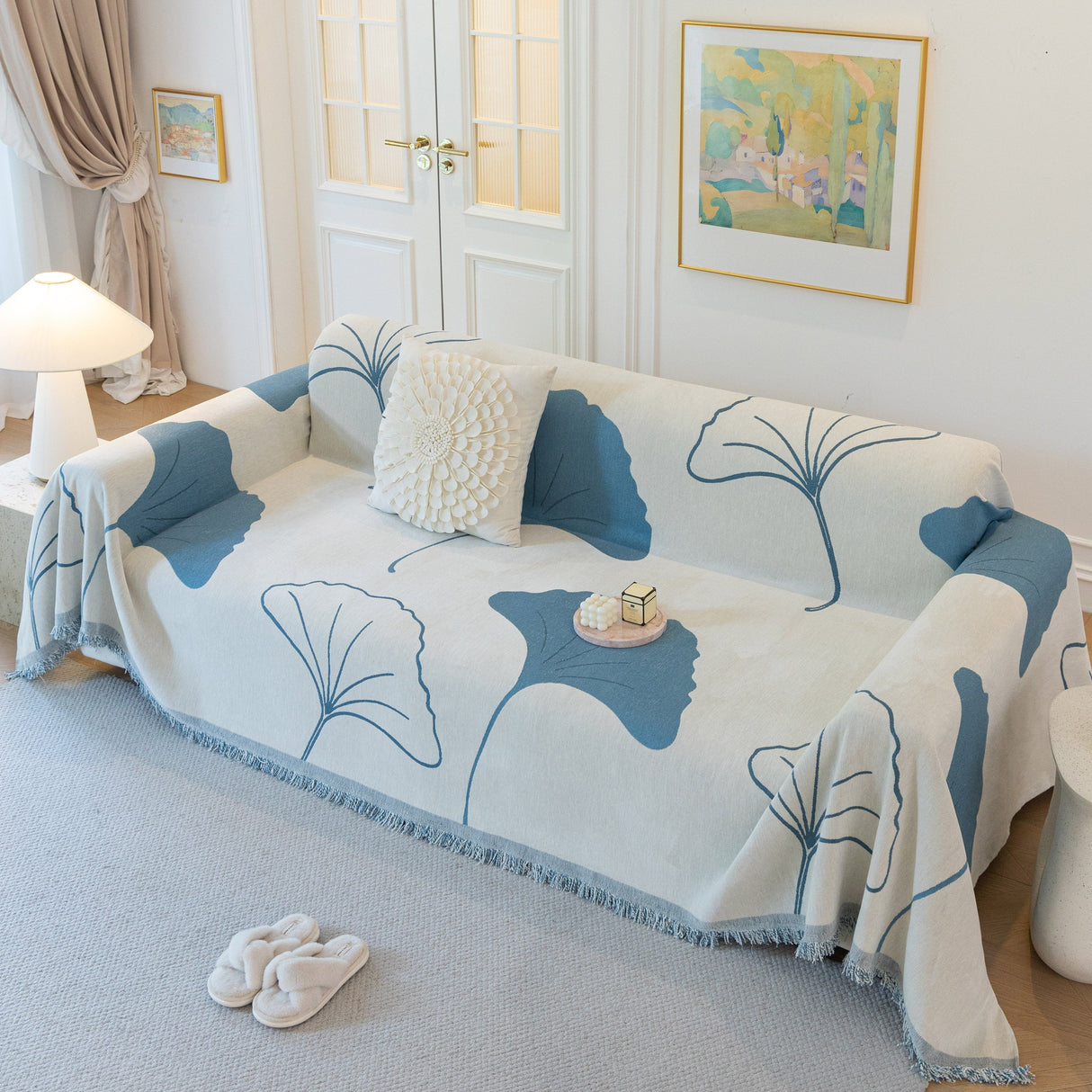 Cozy Couch Throw Blanket with Tassels, Jacquard Leaf Pattern Furniture Protector