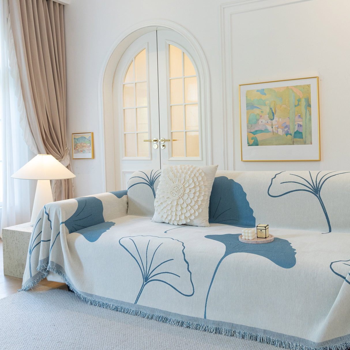 Cozy Couch Throw Blanket with Tassels, Jacquard Leaf Pattern Furniture Protector