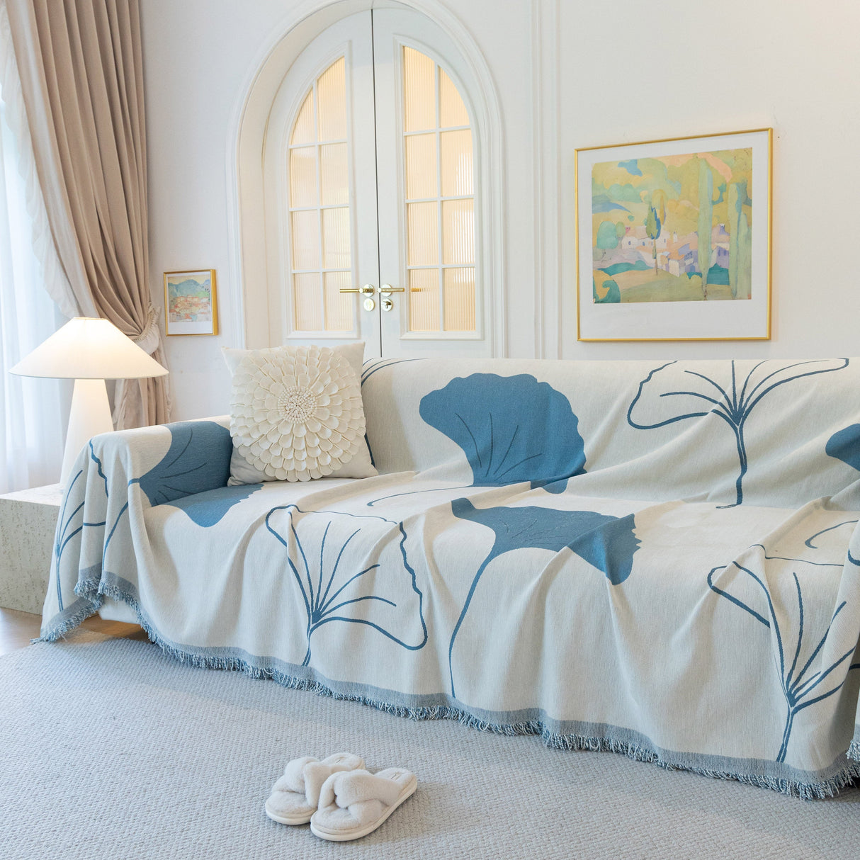 Cozy Couch Throw Blanket with Tassels, Jacquard Leaf Pattern Furniture Protector