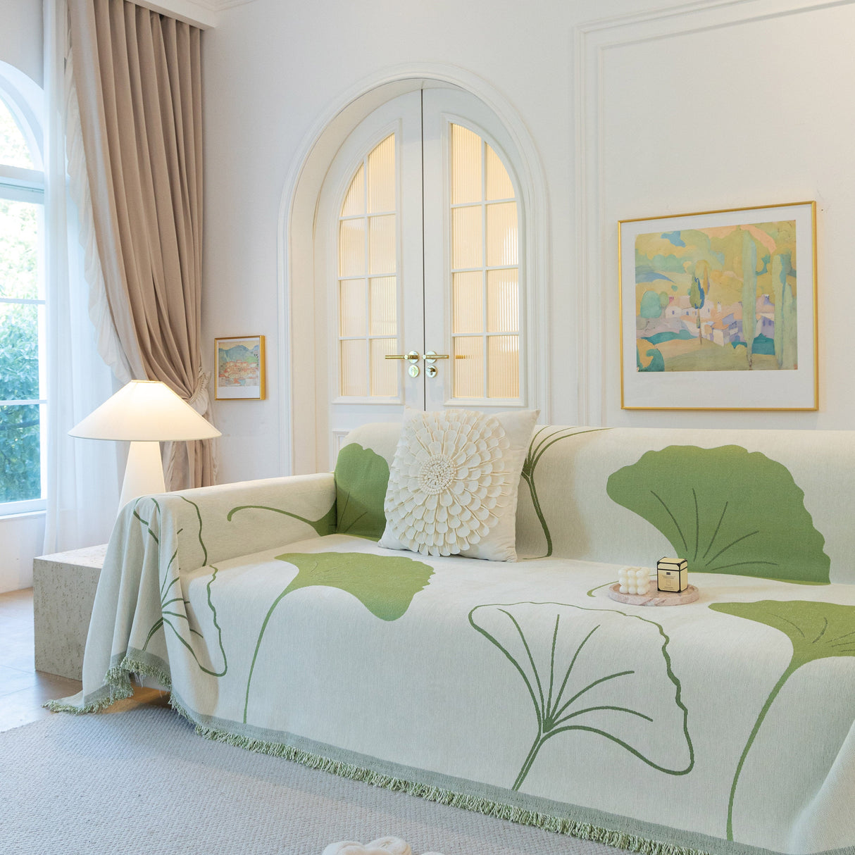 Cozy Couch Throw Blanket with Tassels, Jacquard Leaf Pattern Furniture Protector