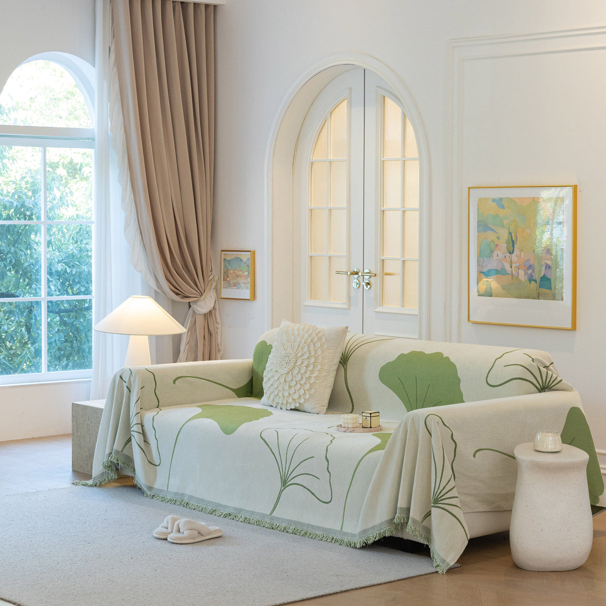 Cozy Couch Throw Blanket with Tassels, Jacquard Leaf Pattern Furniture Protector