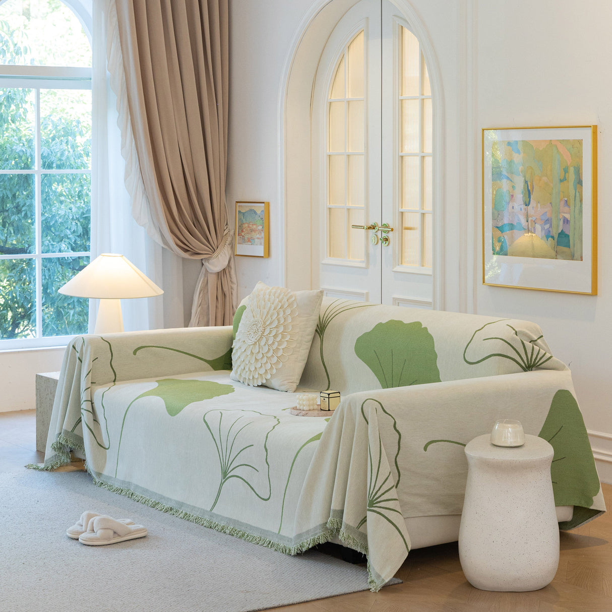 Cozy Couch Throw Blanket with Tassels, Jacquard Leaf Pattern Furniture Protector