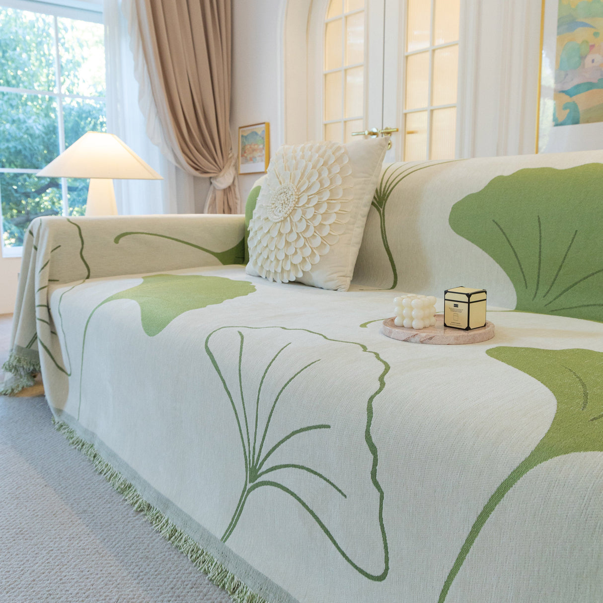 Cozy Couch Throw Blanket with Tassels, Jacquard Leaf Pattern Furniture Protector