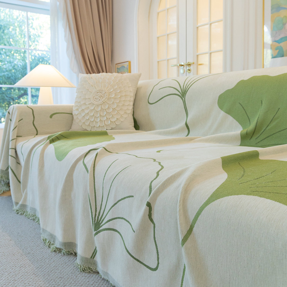 Cozy Couch Throw Blanket with Tassels, Jacquard Leaf Pattern Furniture Protector