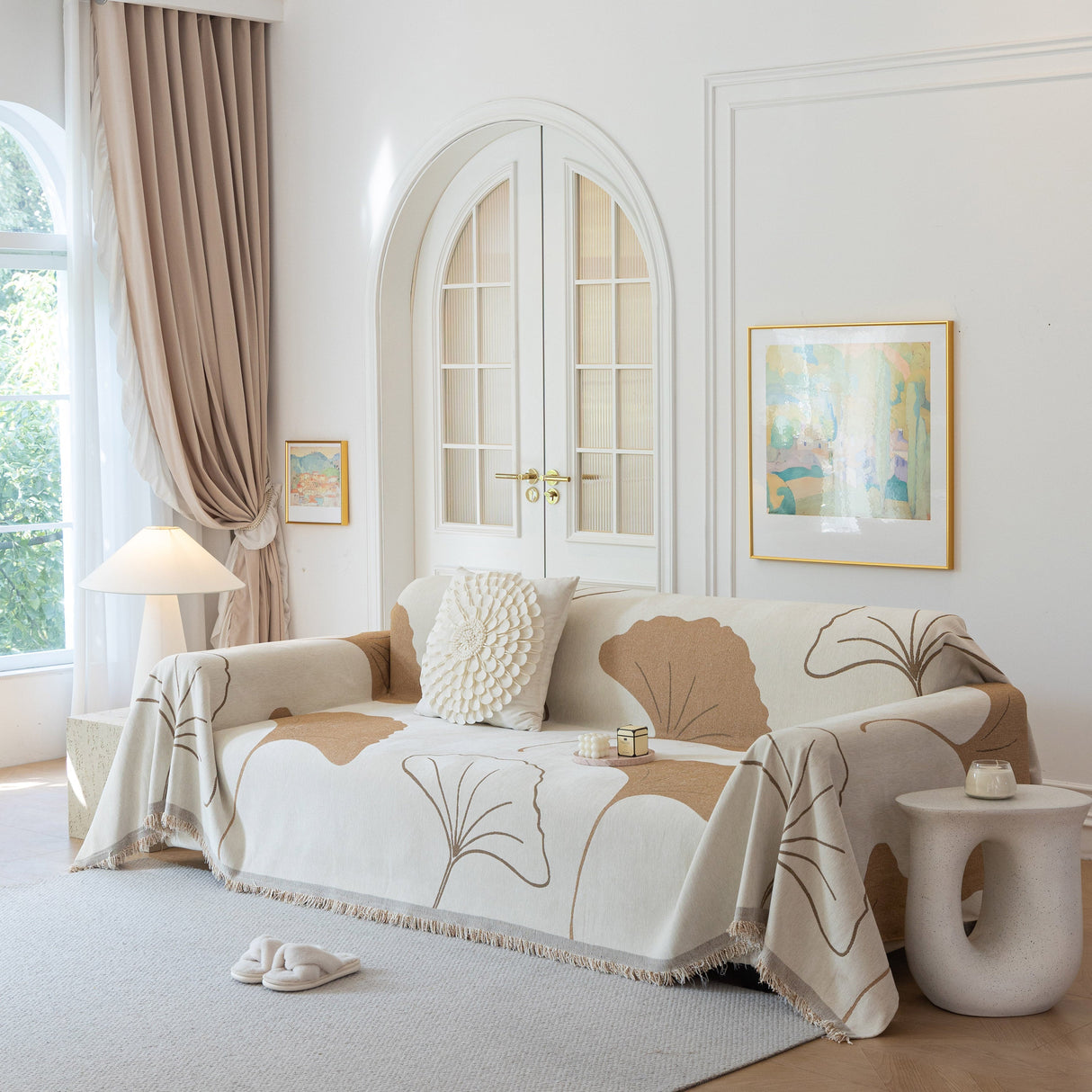 Cozy Couch Throw Blanket with Tassels, Jacquard Leaf Pattern Furniture Protector