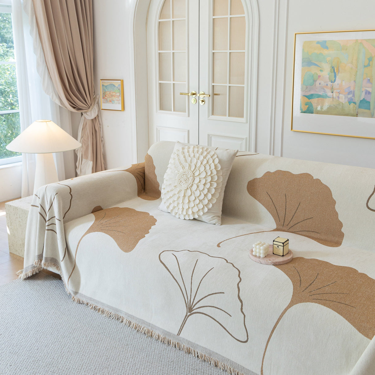 Cozy Couch Throw Blanket with Tassels, Jacquard Leaf Pattern Furniture Protector