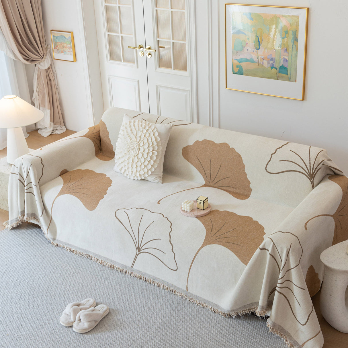 Cozy Couch Throw Blanket with Tassels, Jacquard Leaf Pattern Furniture Protector