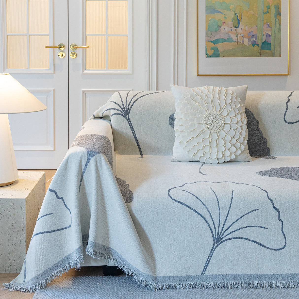 Cozy Couch Throw Blanket with Tassels, Jacquard Leaf Pattern Furniture Protector