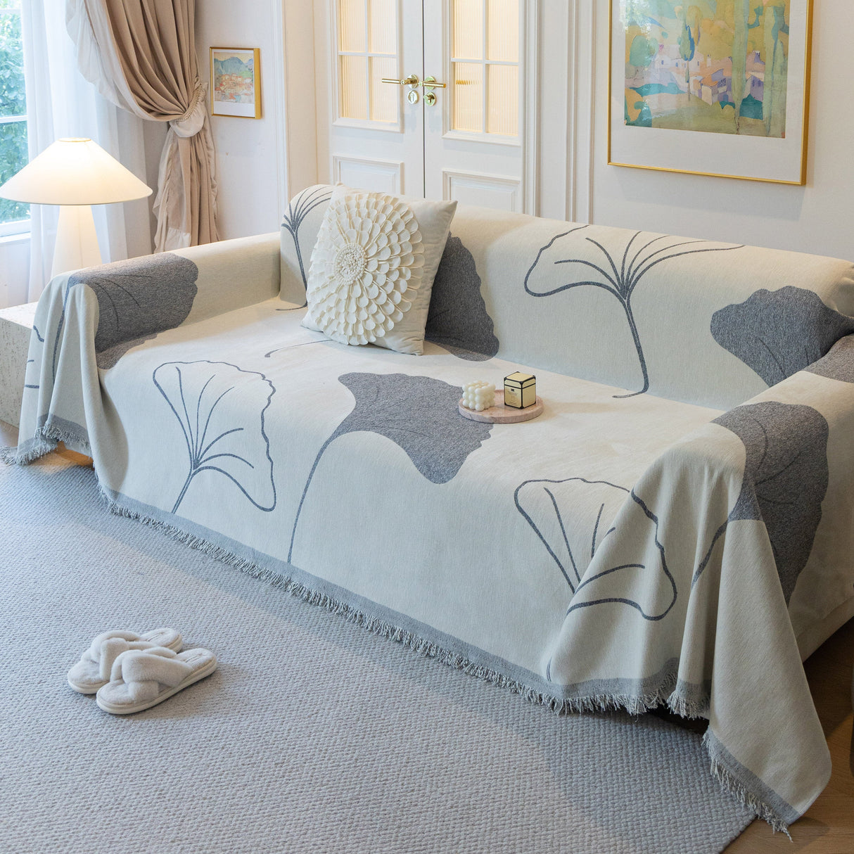 Cozy Couch Throw Blanket with Tassels, Jacquard Leaf Pattern Furniture Protector