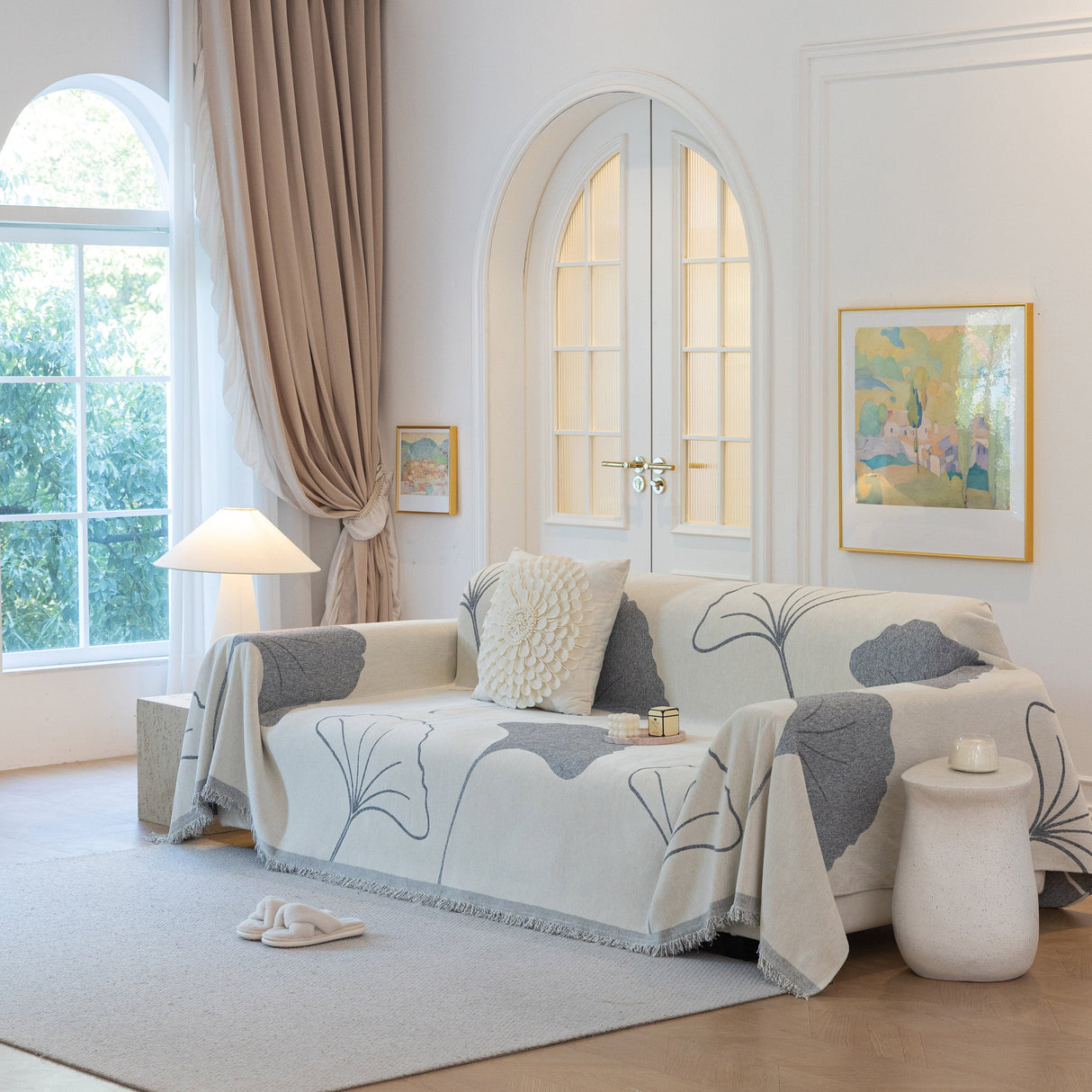 Cozy Couch Throw Blanket with Tassels, Jacquard Leaf Pattern Furniture Protector