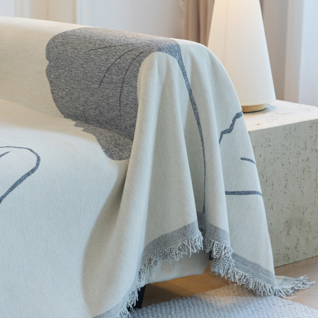 Cozy Couch Throw Blanket with Tassels, Jacquard Leaf Pattern Furniture Protector