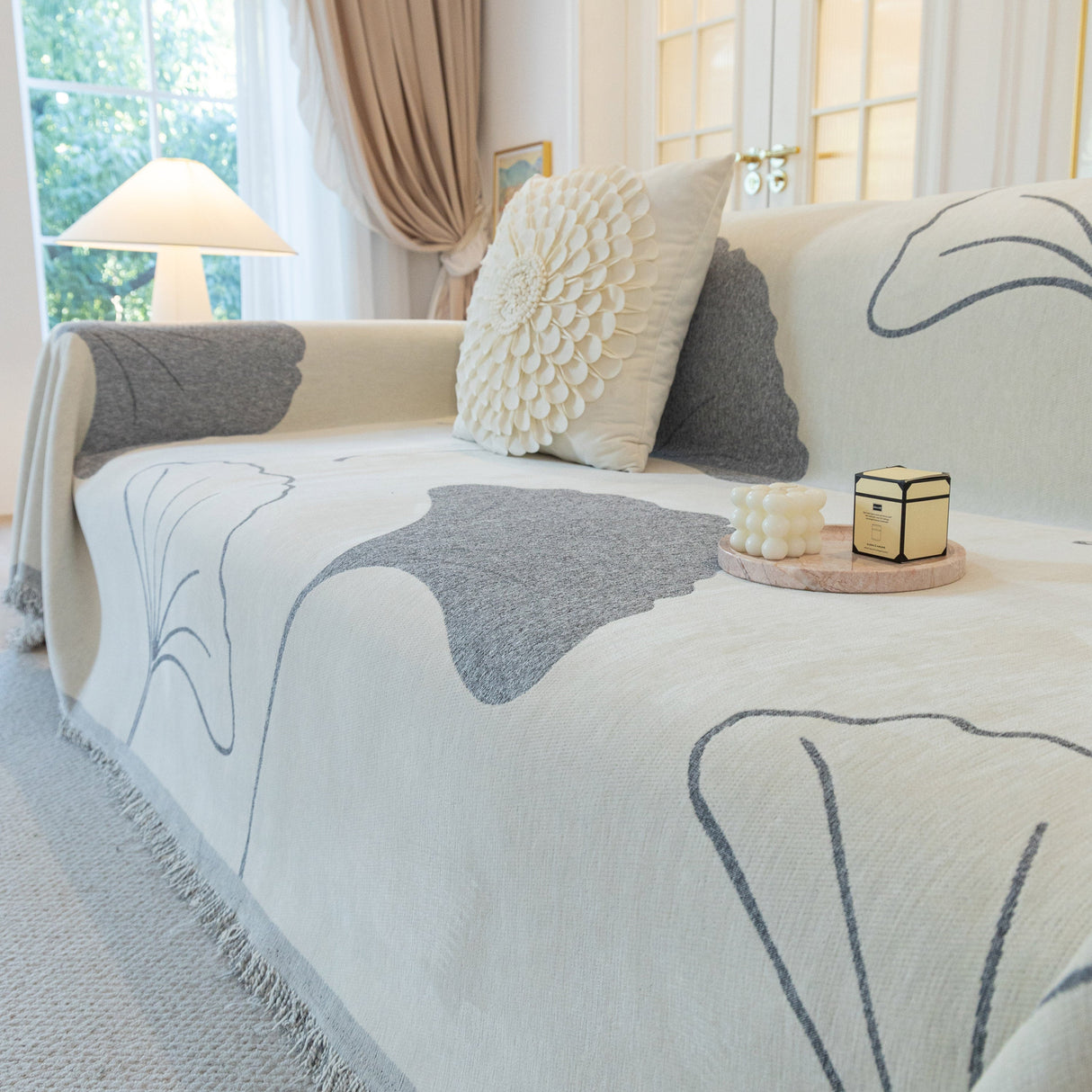 Cozy Couch Throw Blanket with Tassels, Jacquard Leaf Pattern Furniture Protector